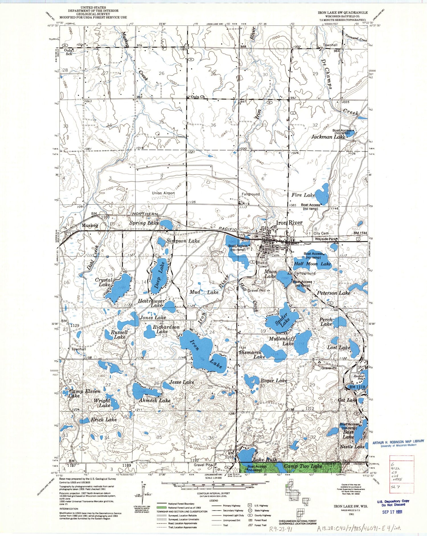 Classic USGS Iron Lake Wisconsin 7.5'x7.5' Topo Map Image