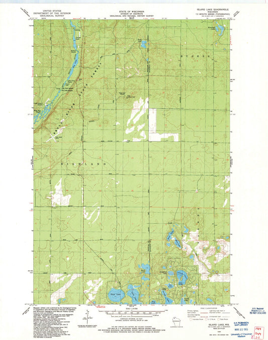 Classic USGS Island Lake Wisconsin 7.5'x7.5' Topo Map Image
