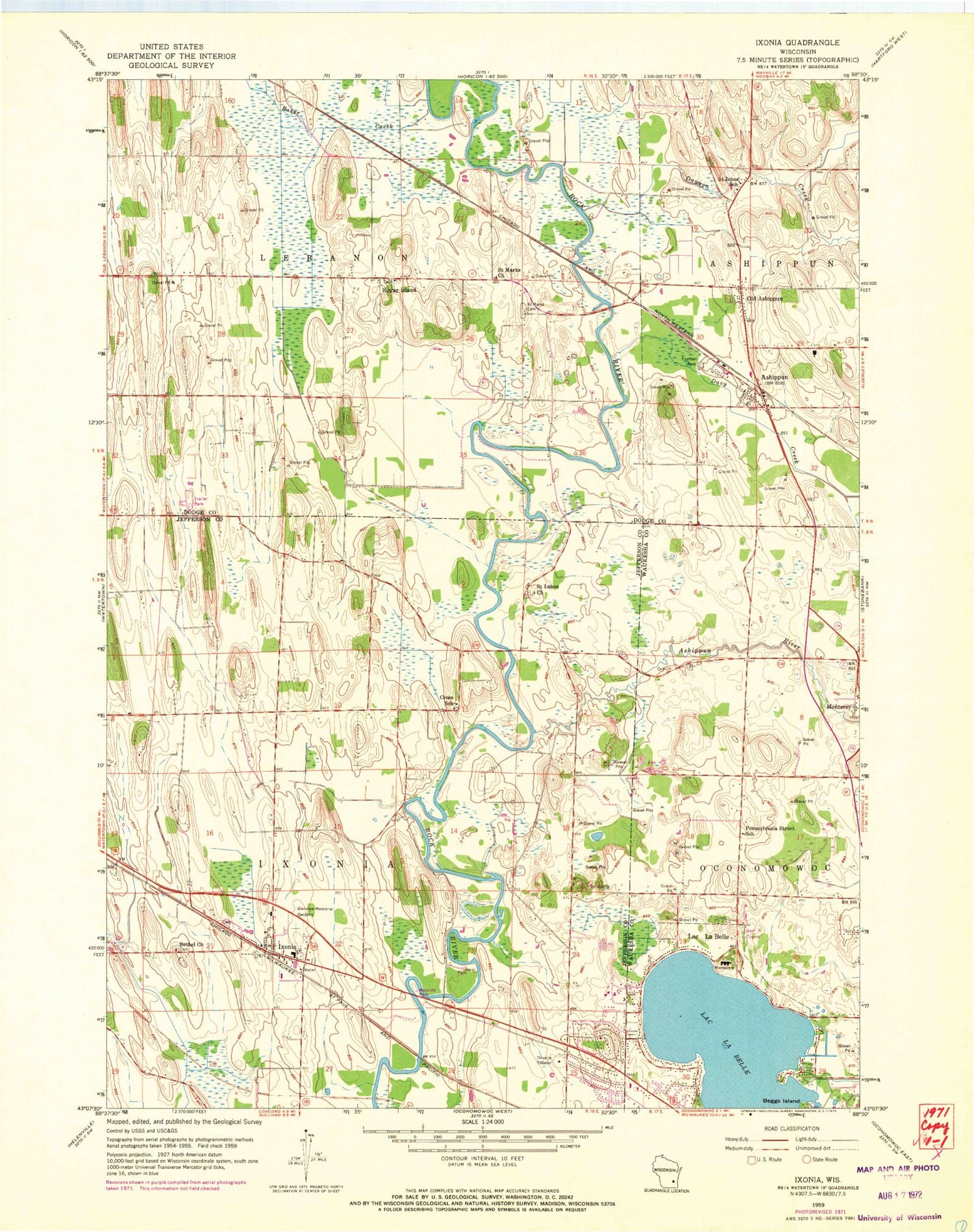 Classic USGS Ixonia Wisconsin 7.5'x7.5' Topo Map Image
