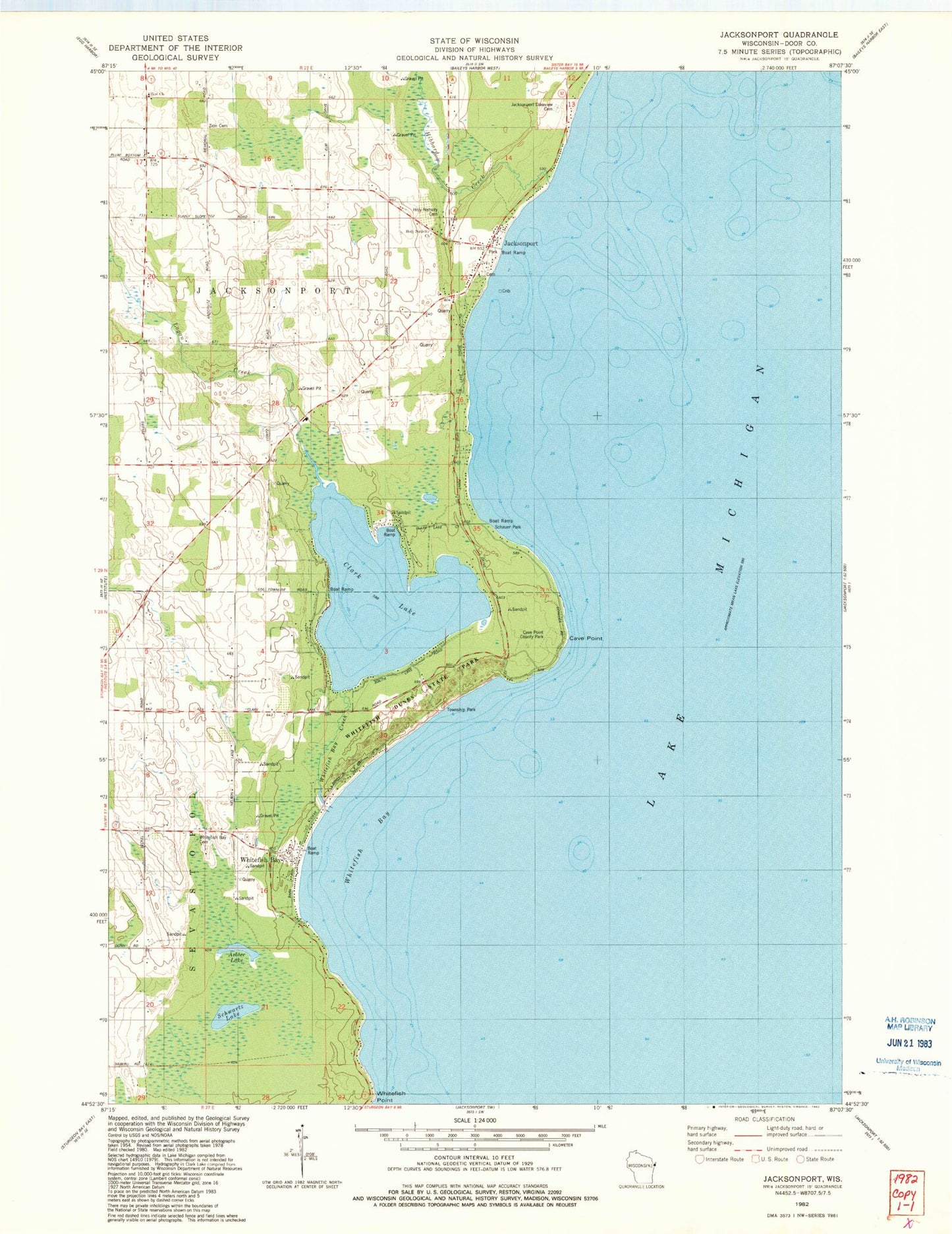 Classic USGS Jacksonport Wisconsin 7.5'x7.5' Topo Map Image