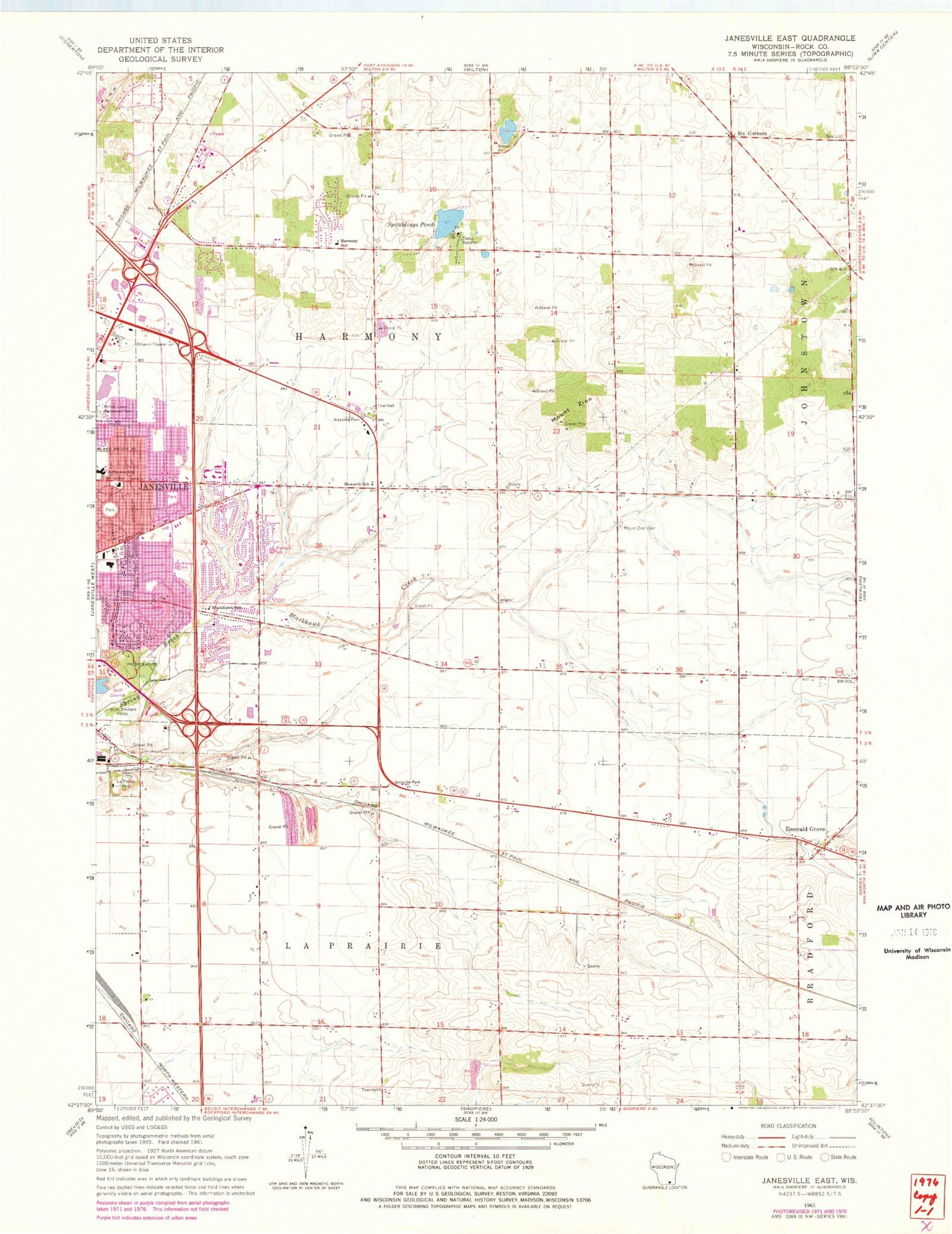 Classic USGS Janesville East Wisconsin 7.5'x7.5' Topo Map Image
