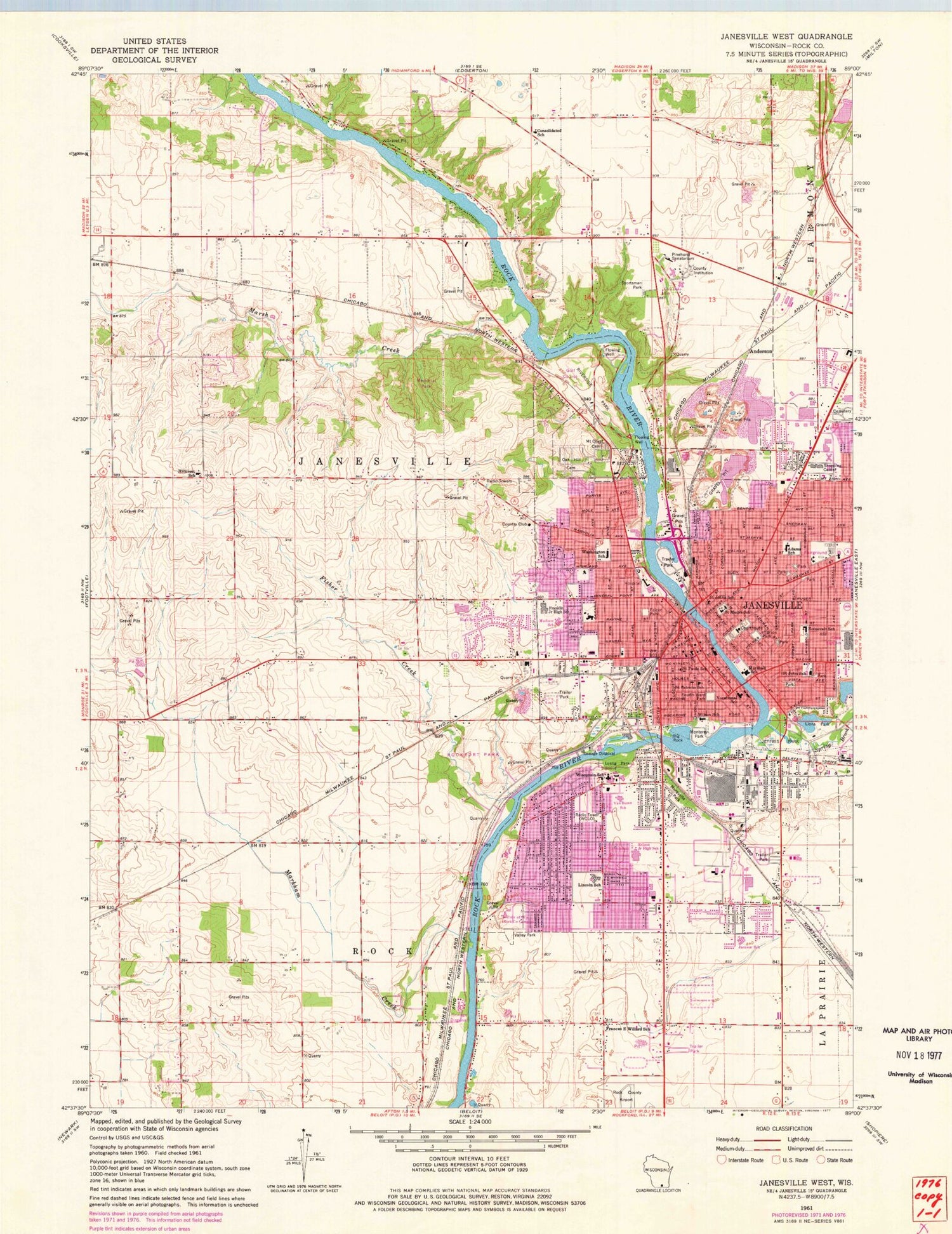 Classic USGS Janesville West Wisconsin 7.5'x7.5' Topo Map Image