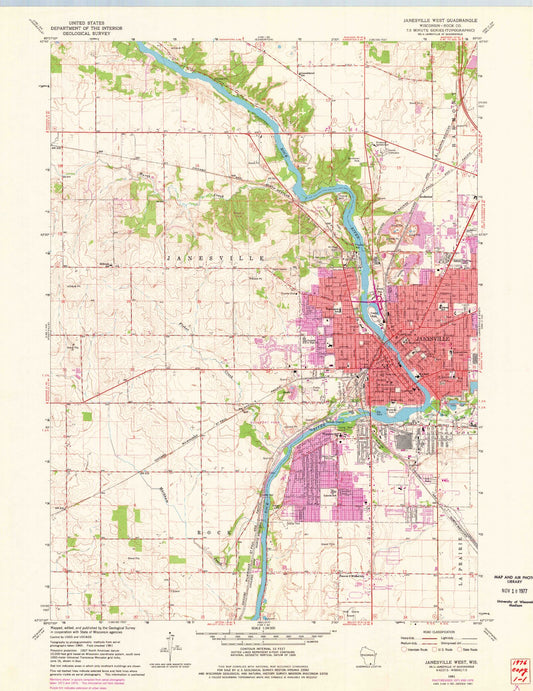 Classic USGS Janesville West Wisconsin 7.5'x7.5' Topo Map Image
