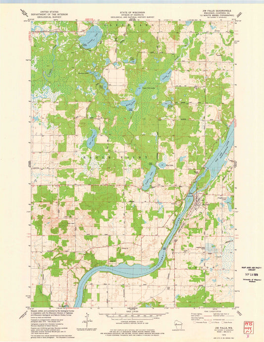 Classic USGS Jim Falls Wisconsin 7.5'x7.5' Topo Map Image