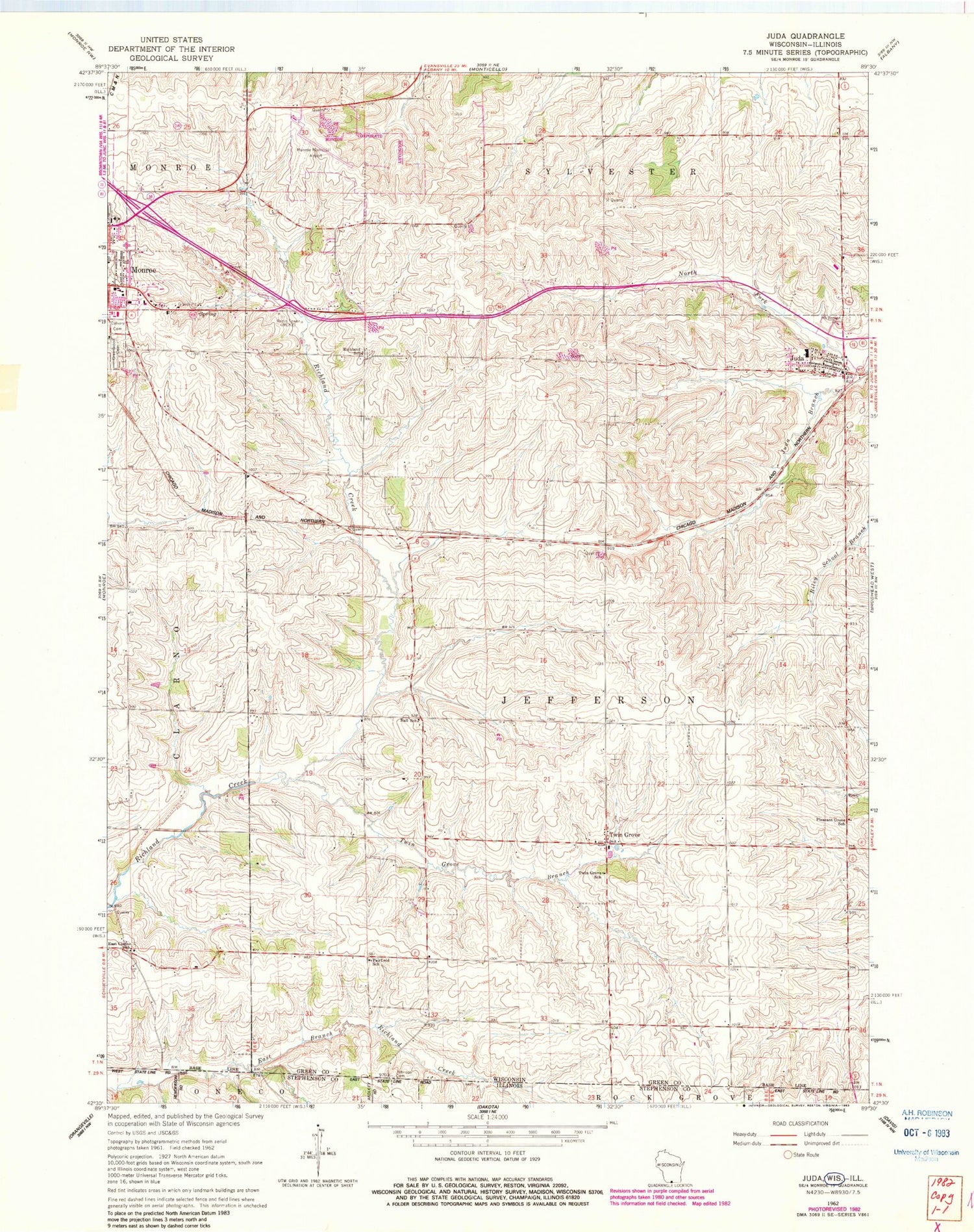Classic USGS Juda Wisconsin 7.5'x7.5' Topo Map Image