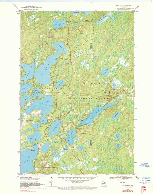 Classic USGS Julia Lake Wisconsin 7.5'x7.5' Topo Map Image