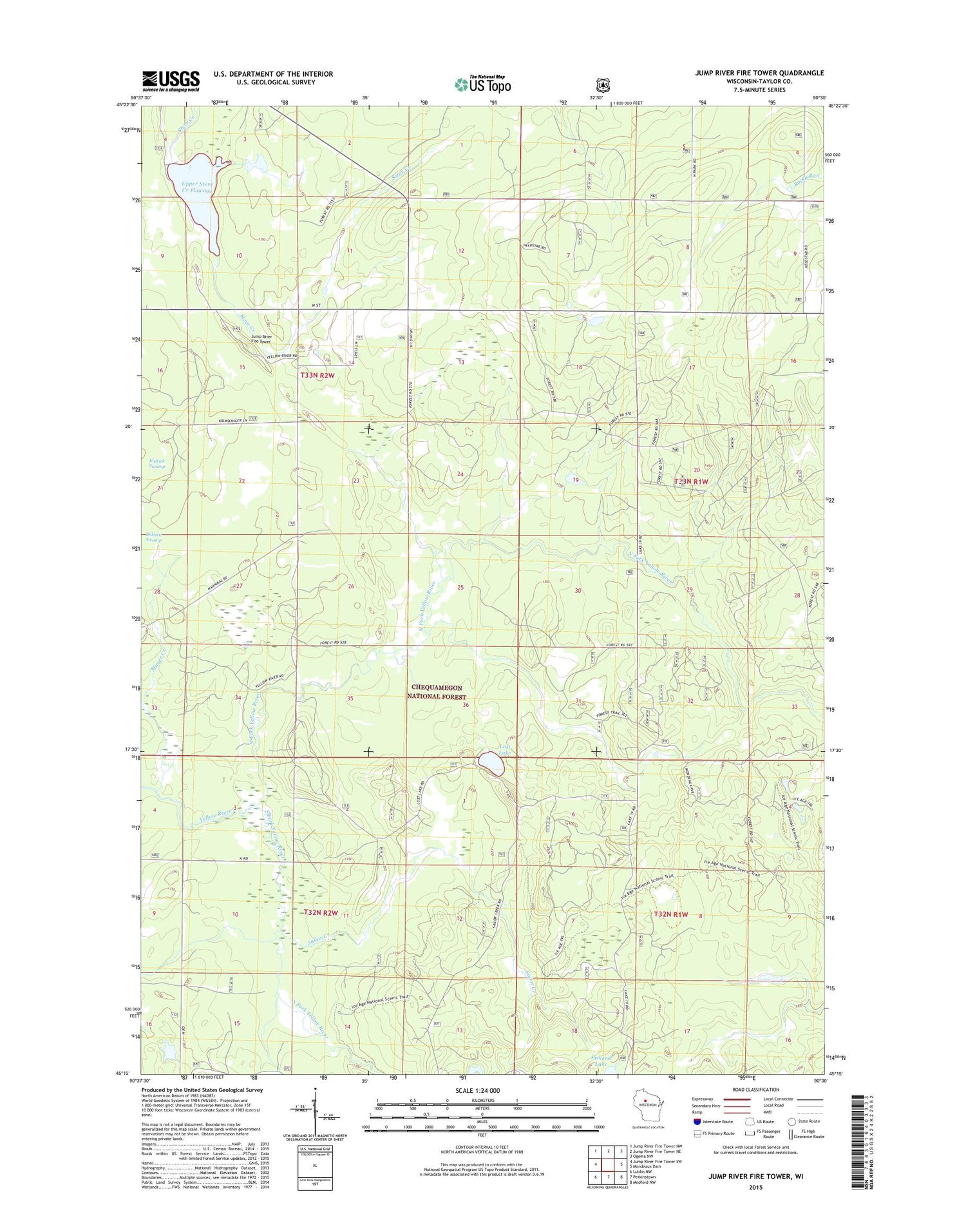 Jump River Fire Tower Wisconsin US Topo Map Image