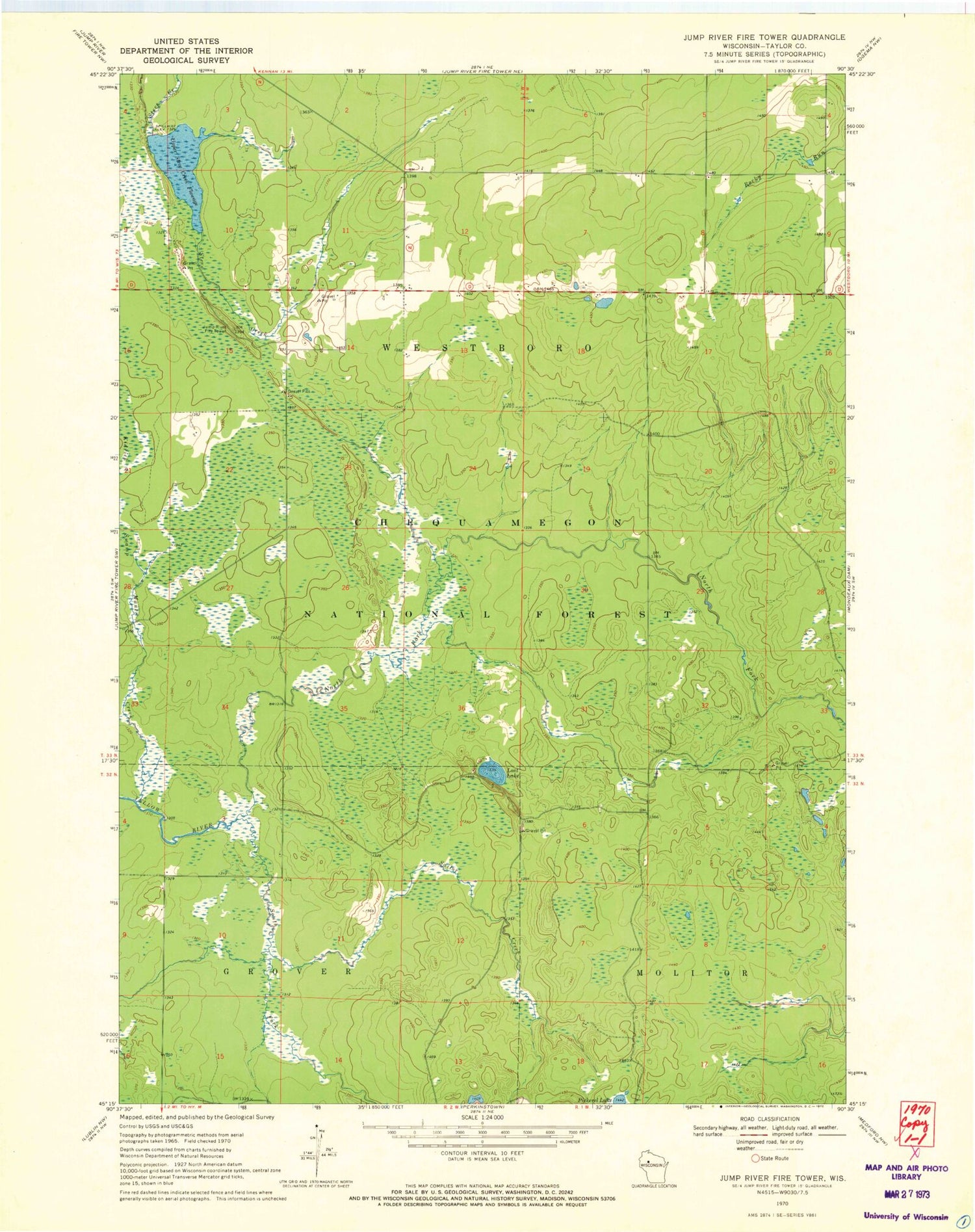 Classic USGS Jump River Fire Tower Wisconsin 7.5'x7.5' Topo Map Image