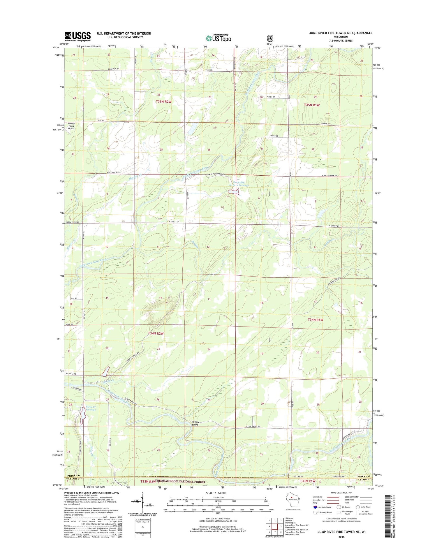 Jump River Fire Tower NE Wisconsin US Topo Map Image