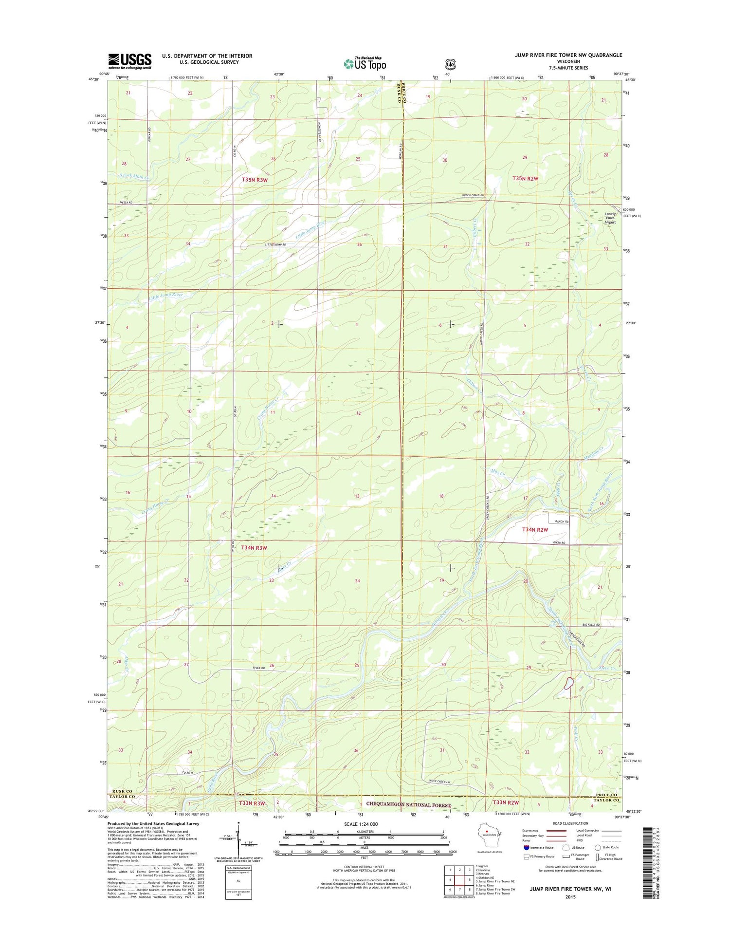 Jump River Fire Tower NW Wisconsin US Topo Map Image