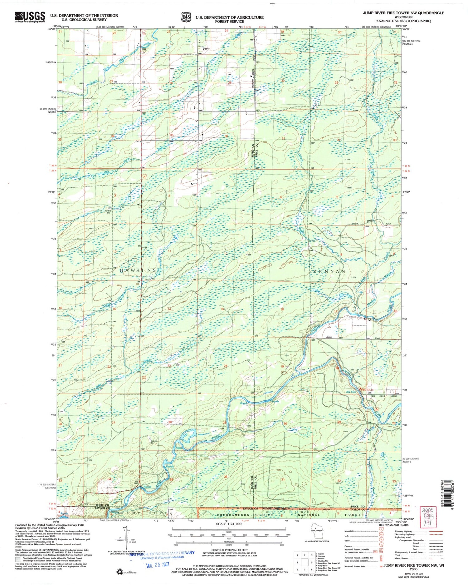 Classic USGS Jump River Fire Tower NW Wisconsin 7.5'x7.5' Topo Map Image