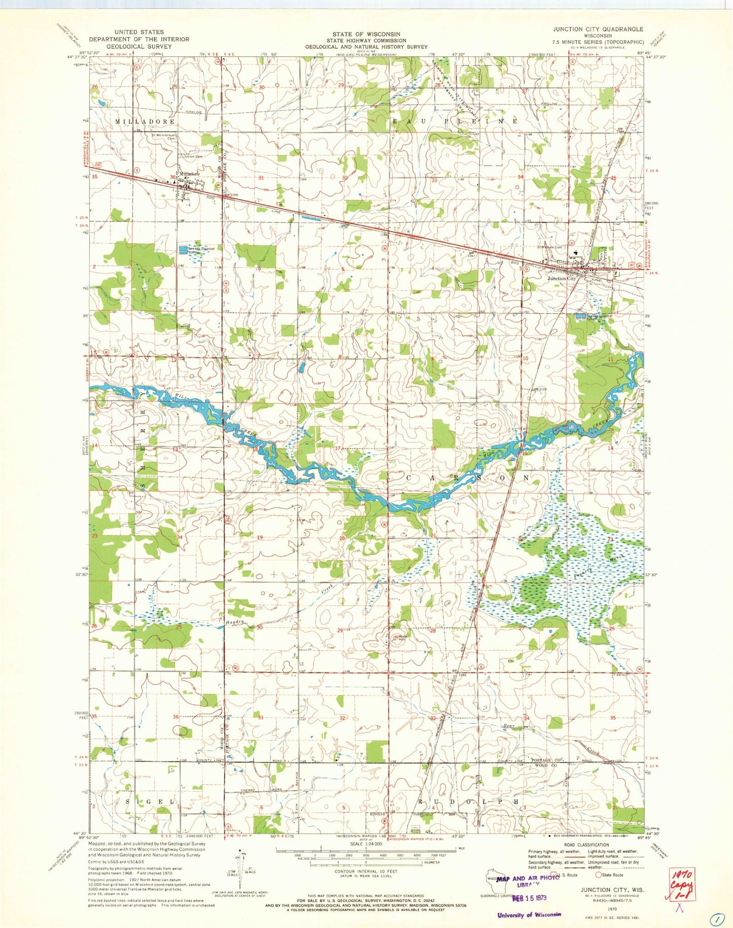 Classic USGS Junction City Wisconsin 7.5'x7.5' Topo Map Image