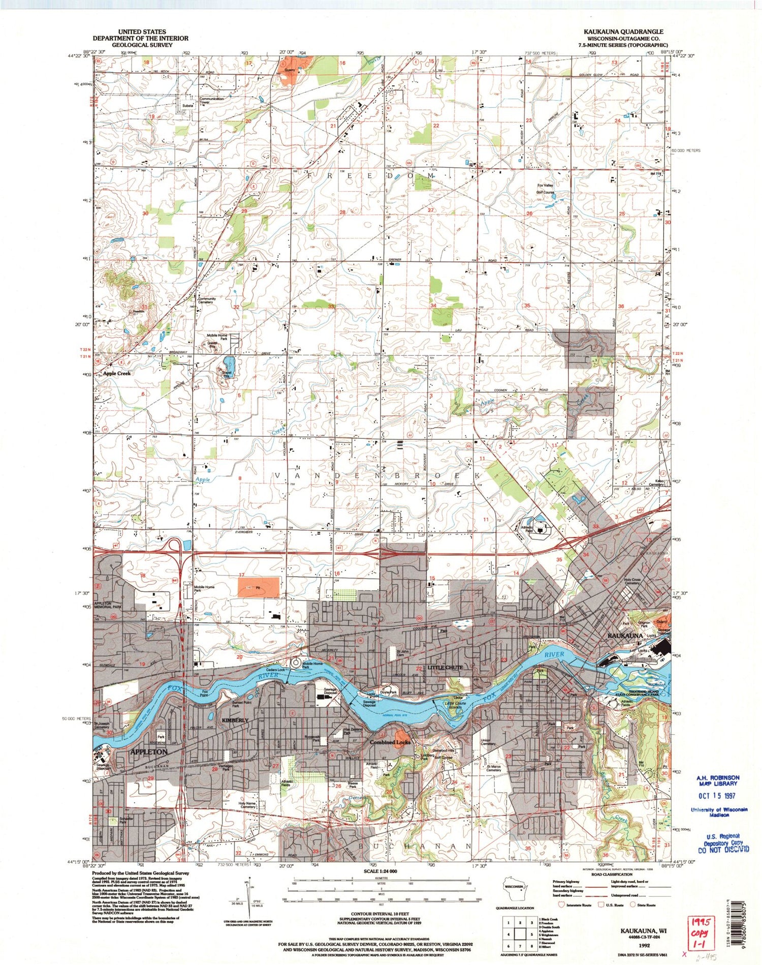Classic USGS Kaukauna Wisconsin 7.5'x7.5' Topo Map Image
