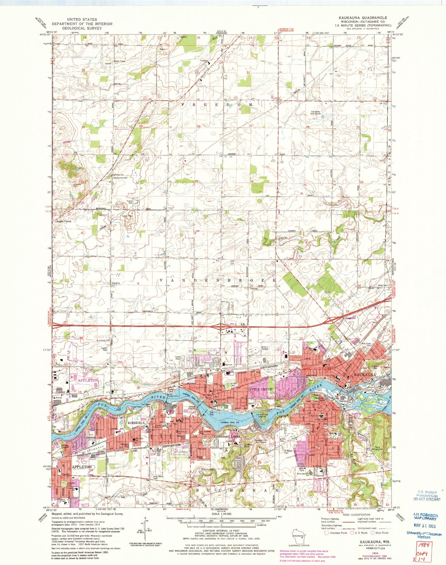 Classic USGS Kaukauna Wisconsin 7.5'x7.5' Topo Map Image
