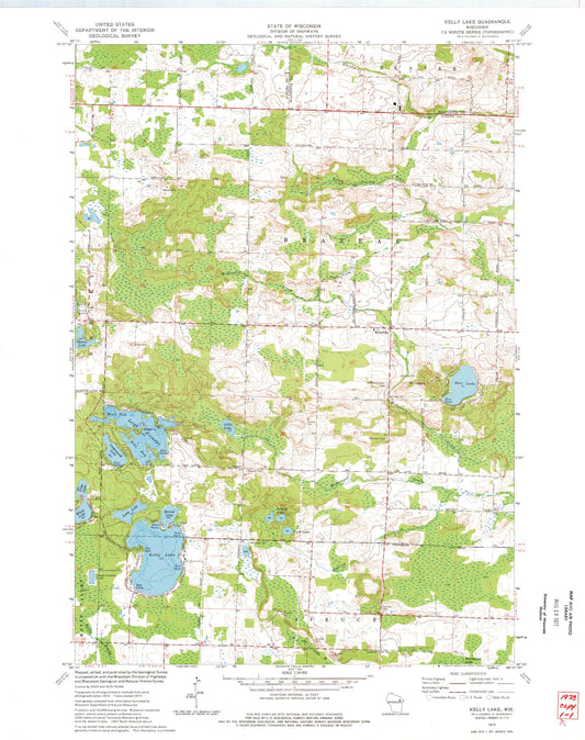 Classic USGS Kelly Lake Wisconsin 7.5'x7.5' Topo Map Image
