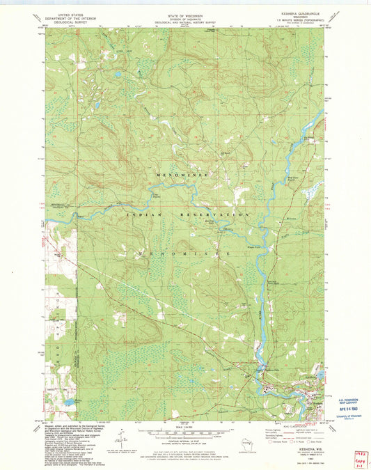 Classic USGS Keshena Wisconsin 7.5'x7.5' Topo Map Image