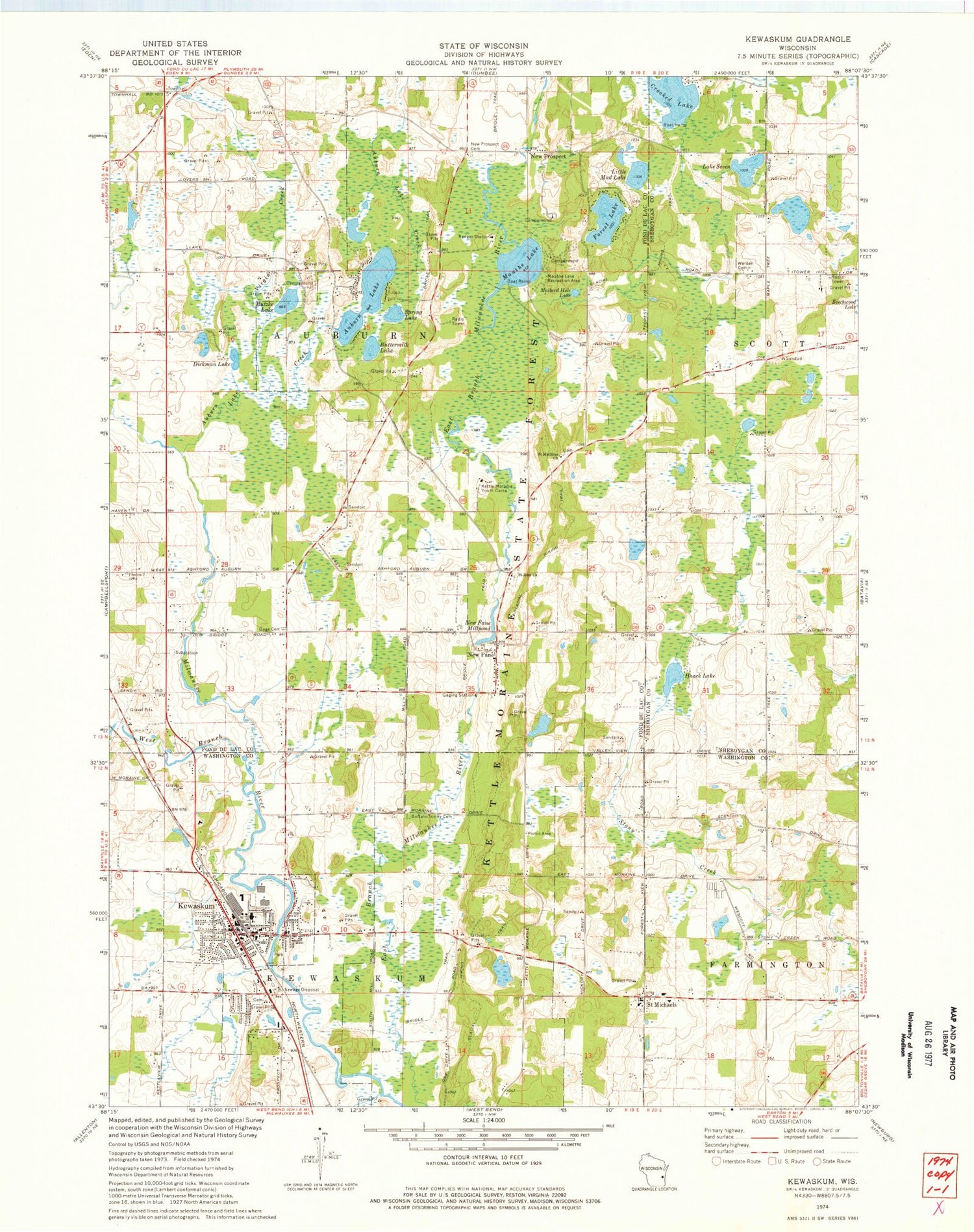 Classic USGS Kewaskum Wisconsin 7.5'x7.5' Topo Map Image