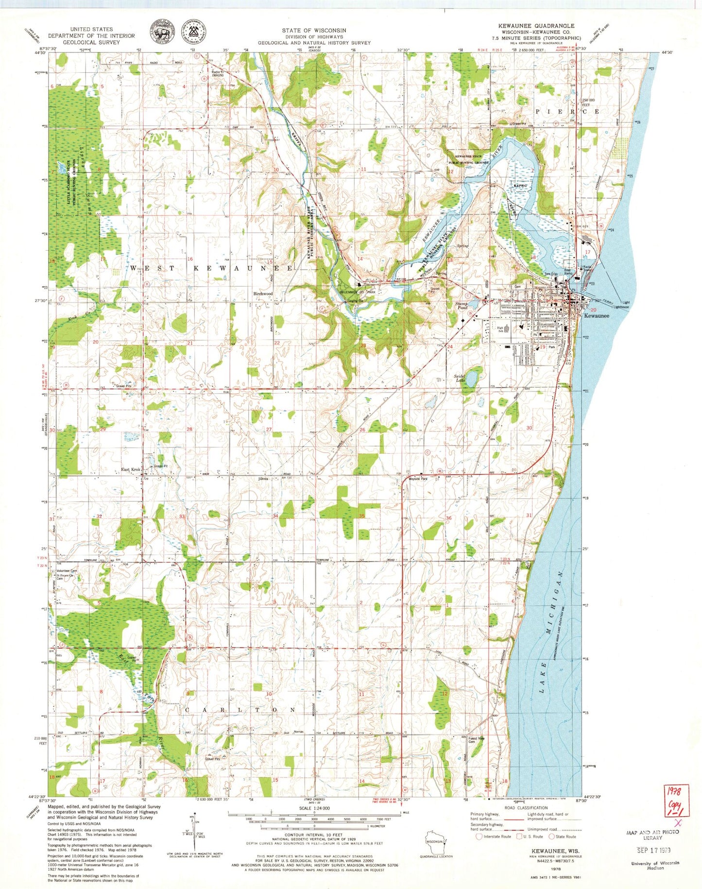Classic USGS Kewaunee Wisconsin 7.5'x7.5' Topo Map Image