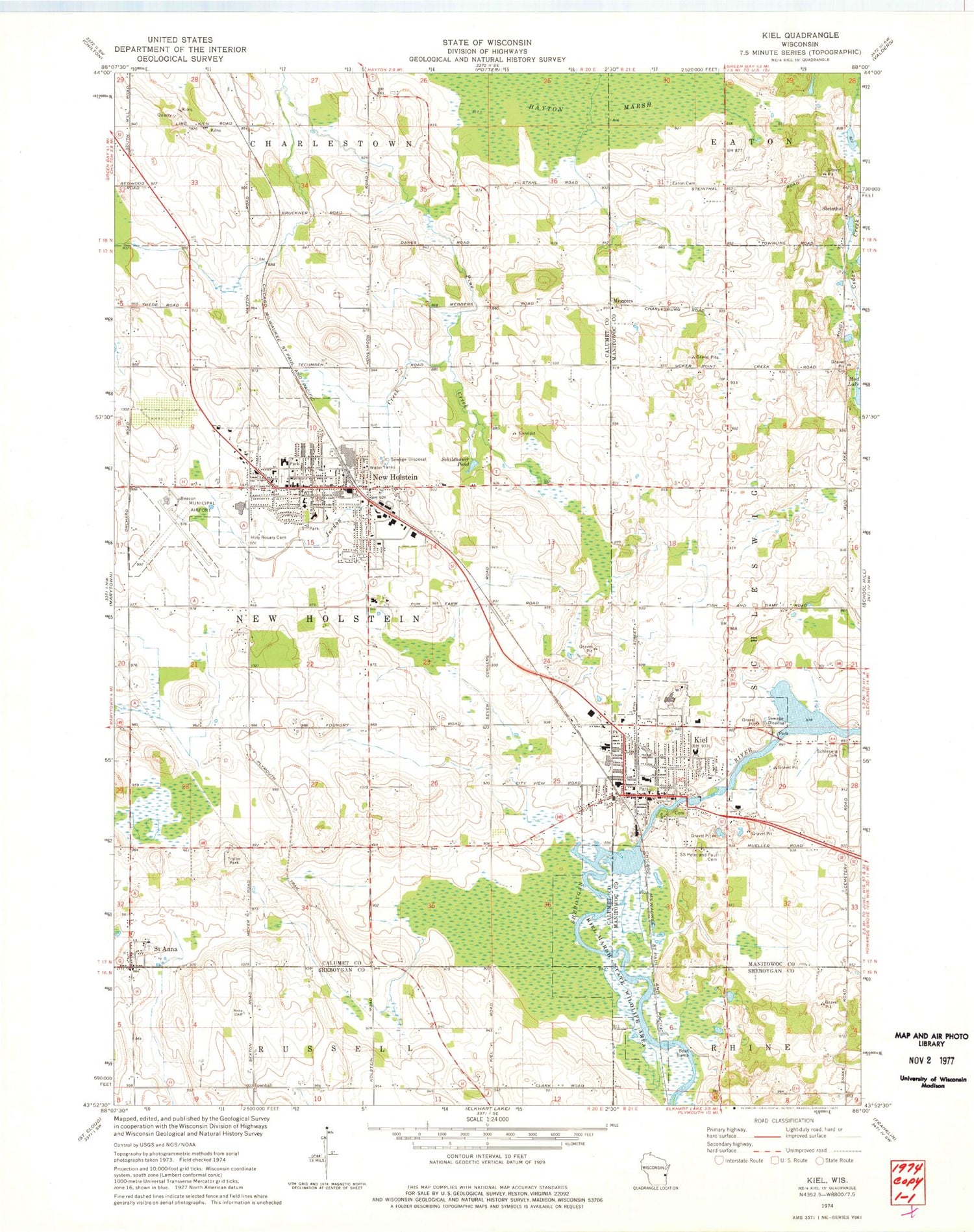 Classic USGS Kiel Wisconsin 7.5'x7.5' Topo Map Image