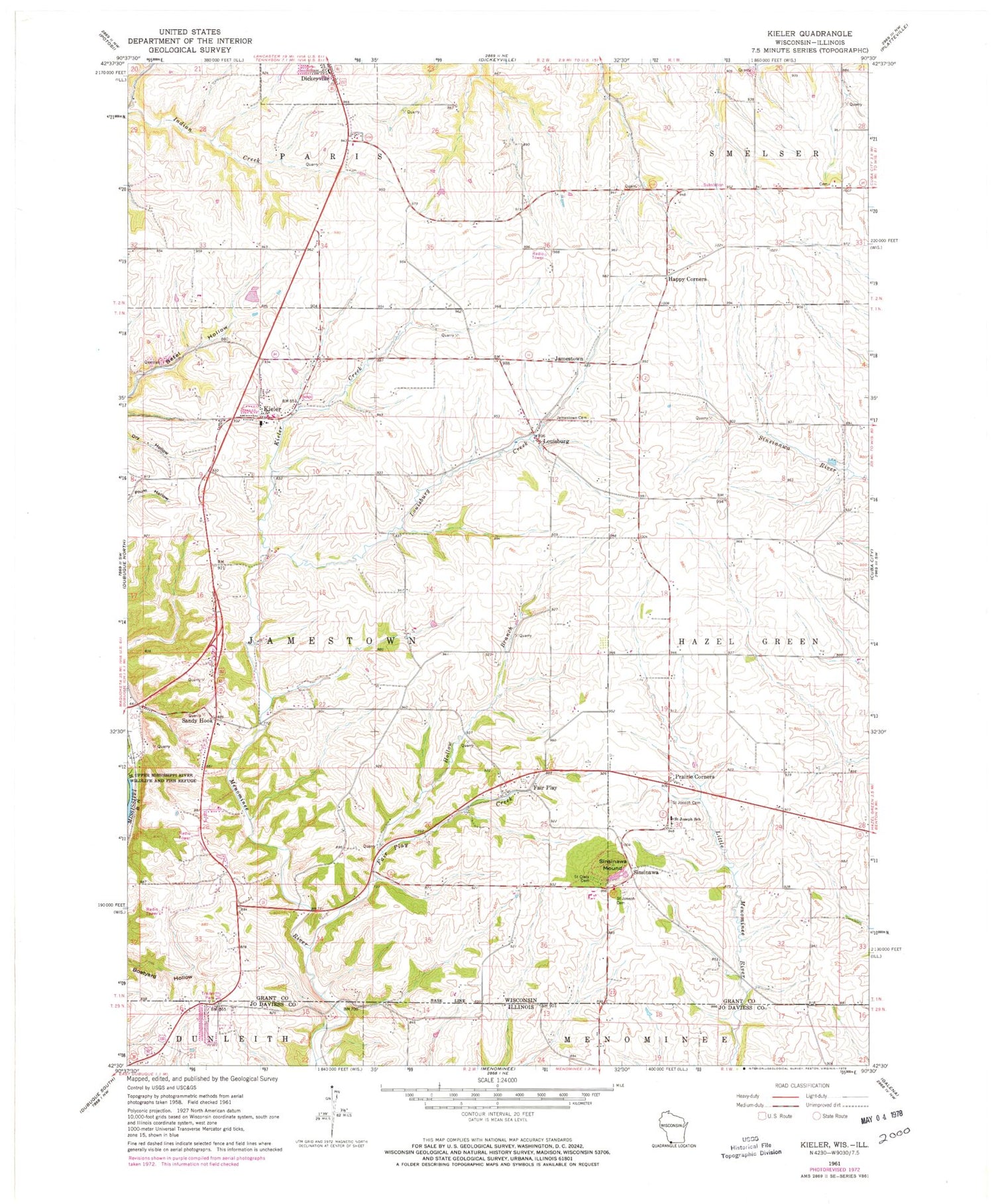 Classic USGS Kieler Wisconsin 7.5'x7.5' Topo Map Image