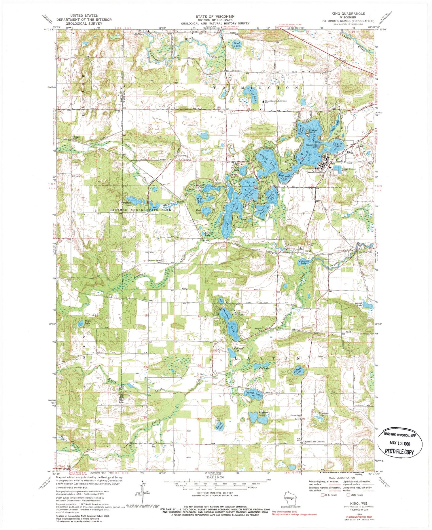 Classic USGS King Wisconsin 7.5'x7.5' Topo Map Image