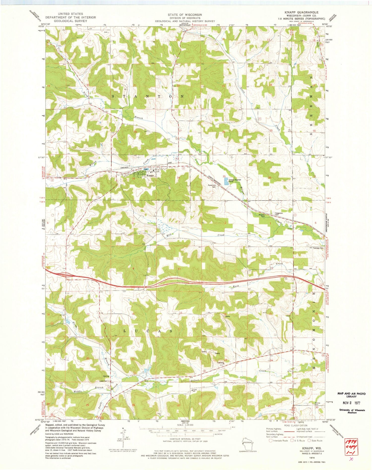 Classic USGS Knapp Wisconsin 7.5'x7.5' Topo Map Image