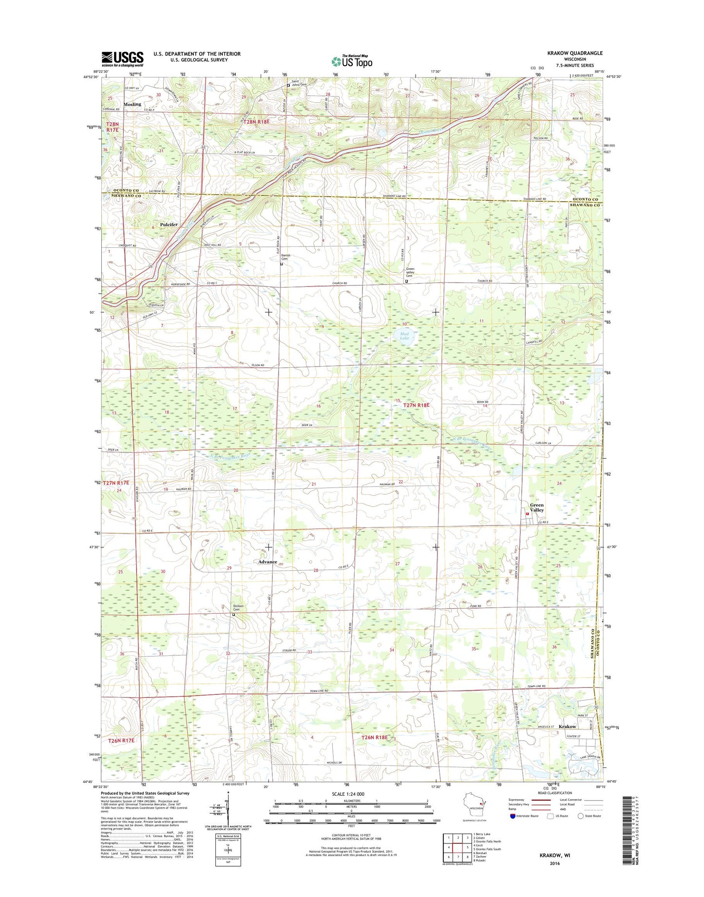 Krakow Wisconsin US Topo Map Image