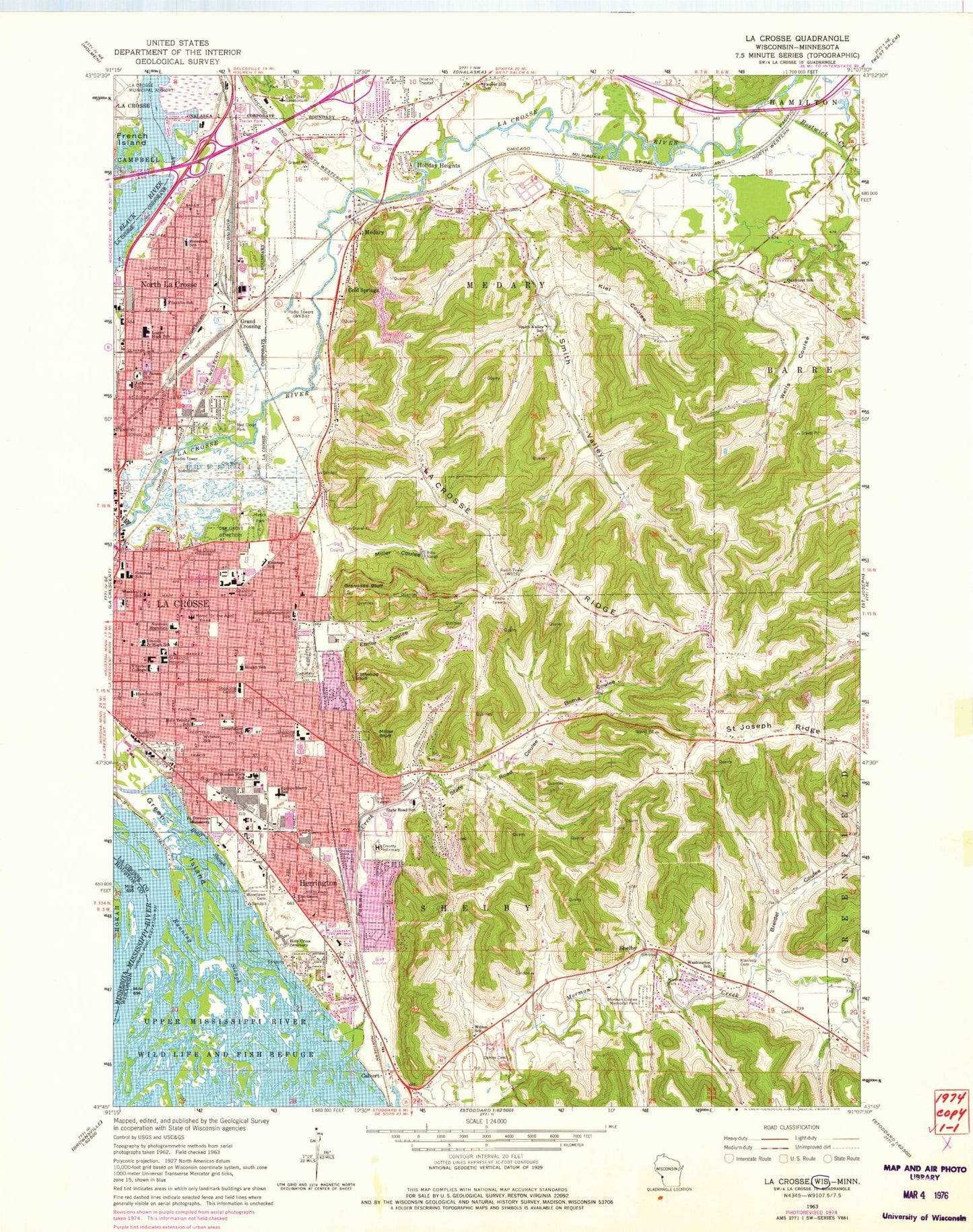 Classic USGS La Crosse Wisconsin 7.5'x7.5' Topo Map Image