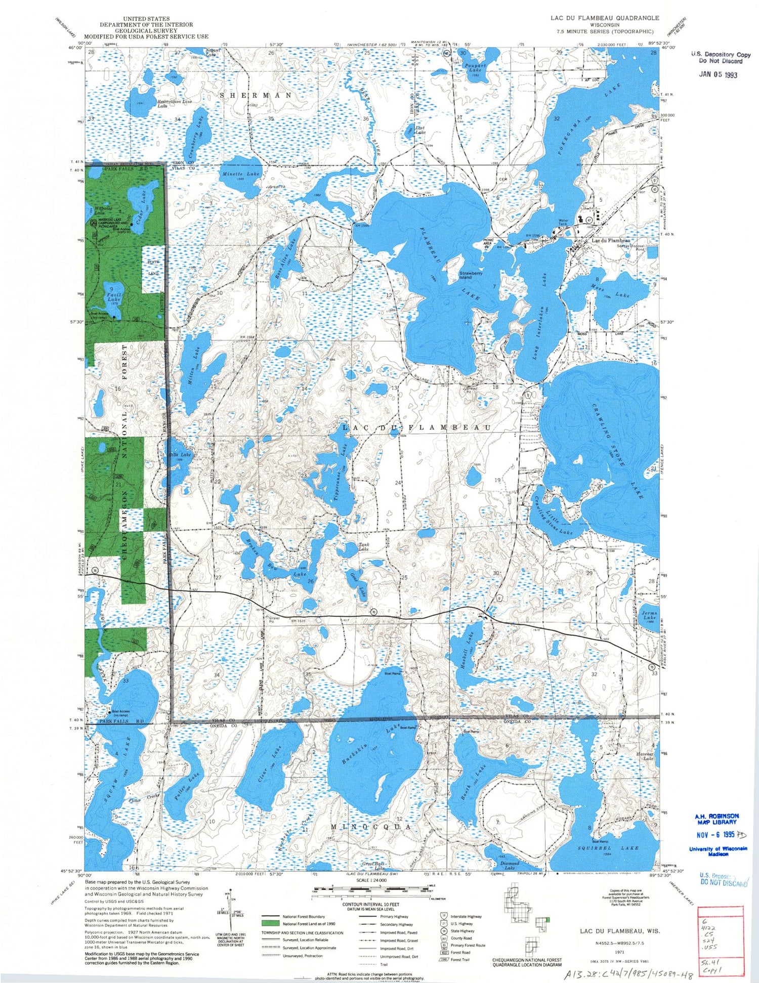 Classic USGS Lac du Flambeau Wisconsin 7.5'x7.5' Topo Map Image