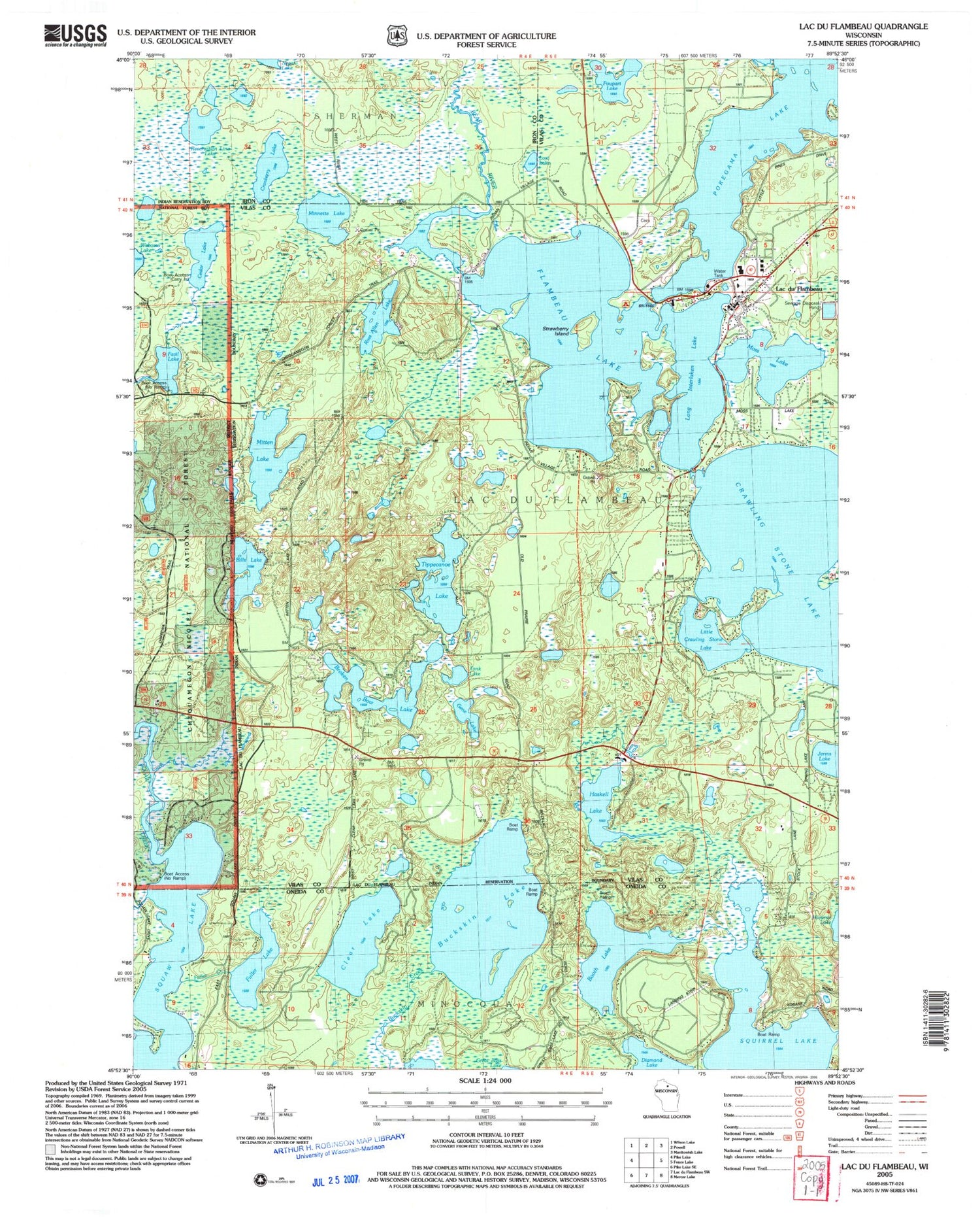 Classic USGS Lac du Flambeau Wisconsin 7.5'x7.5' Topo Map Image