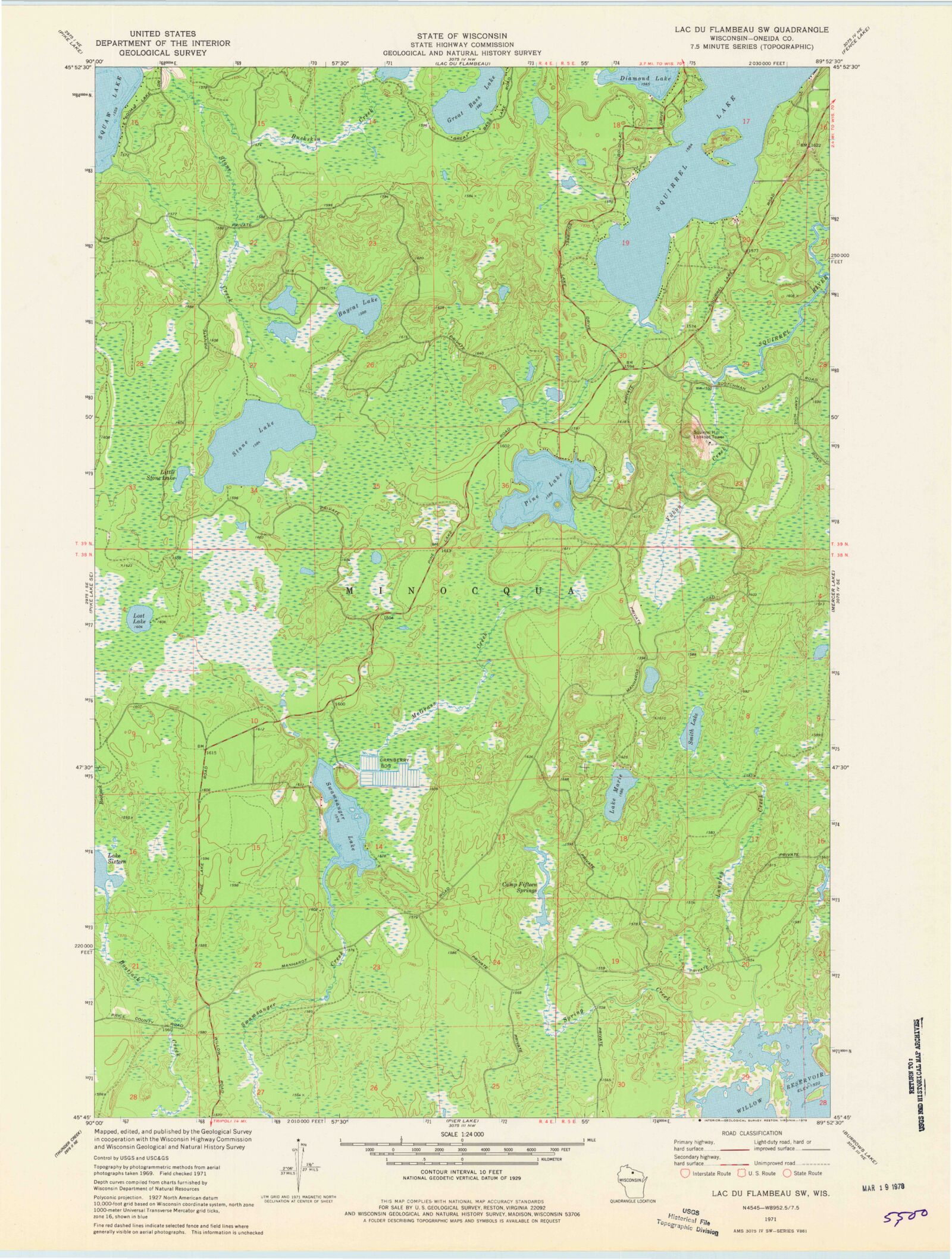 Classic USGS Lac du Flambeau SW Wisconsin 7.5'x7.5' Topo Map MyTopo