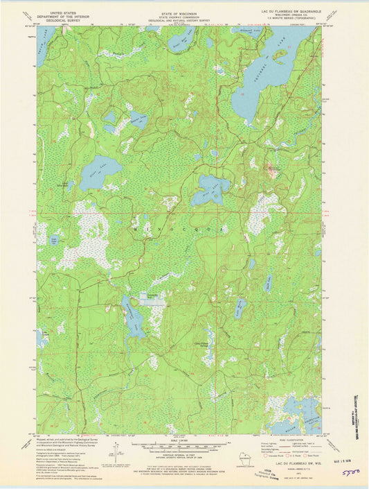 Classic USGS Lac du Flambeau SW Wisconsin 7.5'x7.5' Topo Map Image