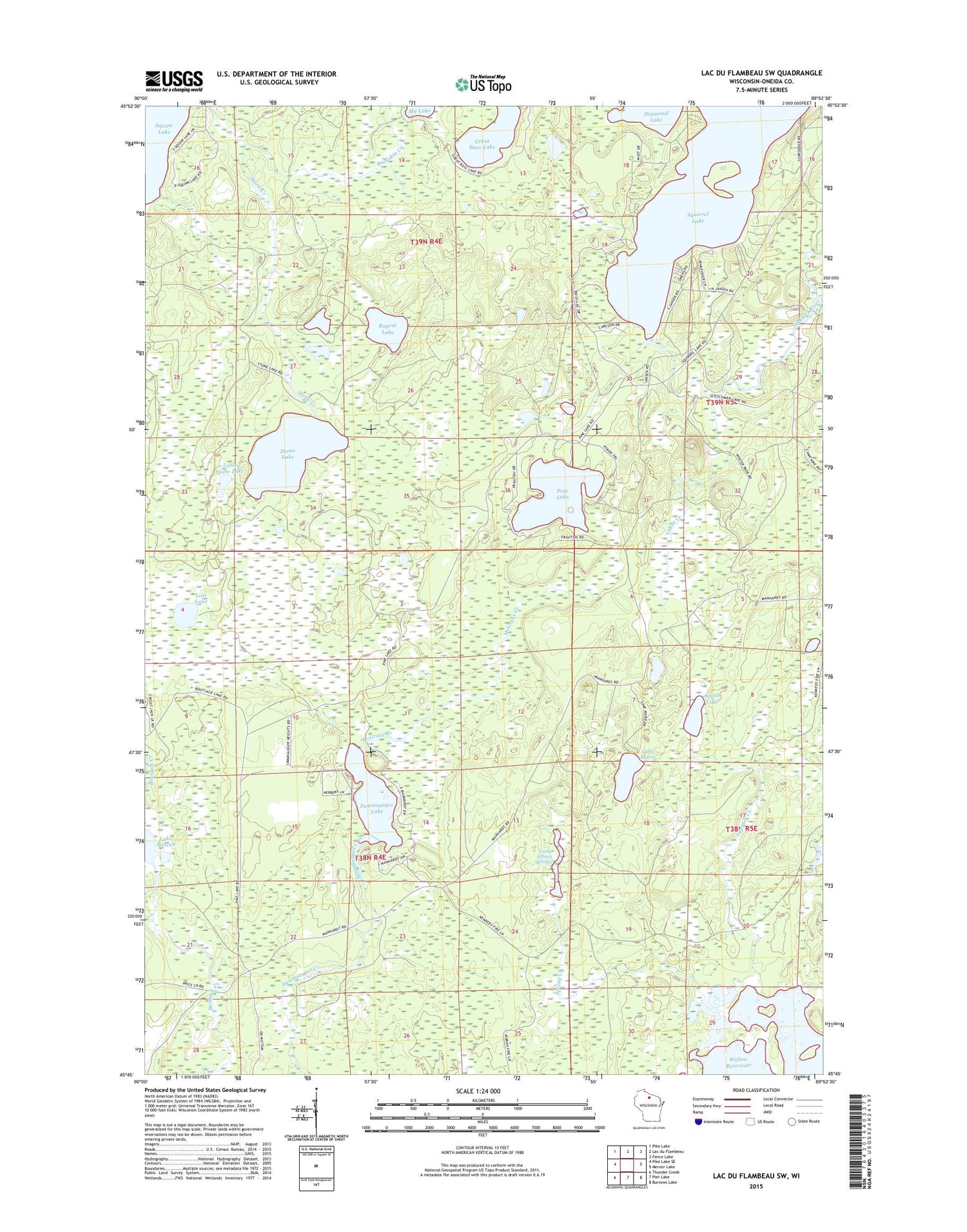 Lac du Flambeau SW Wisconsin US Topo Map Image