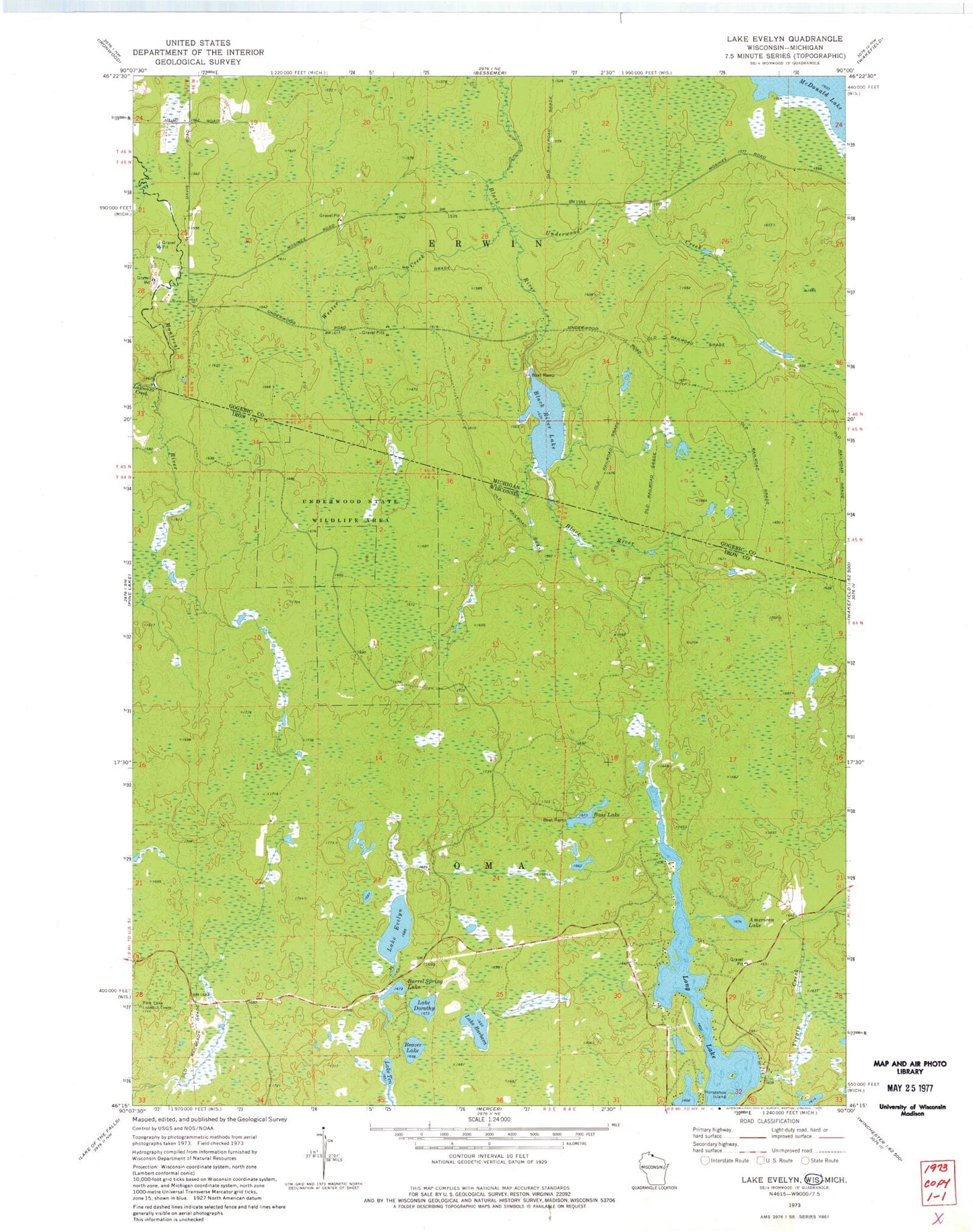Classic USGS Lake Evelyn Wisconsin 7.5'x7.5' Topo Map Image