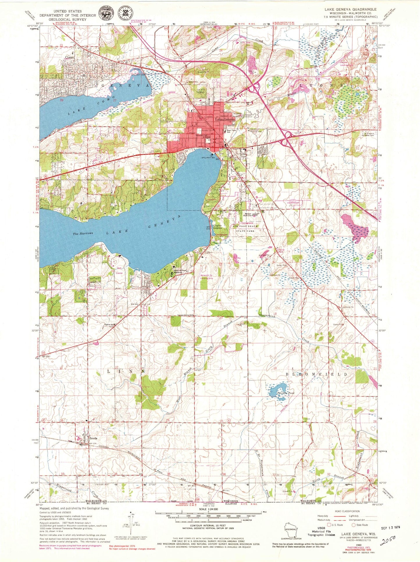 Classic USGS Lake Geneva Wisconsin 7.5'x7.5' Topo Map Image