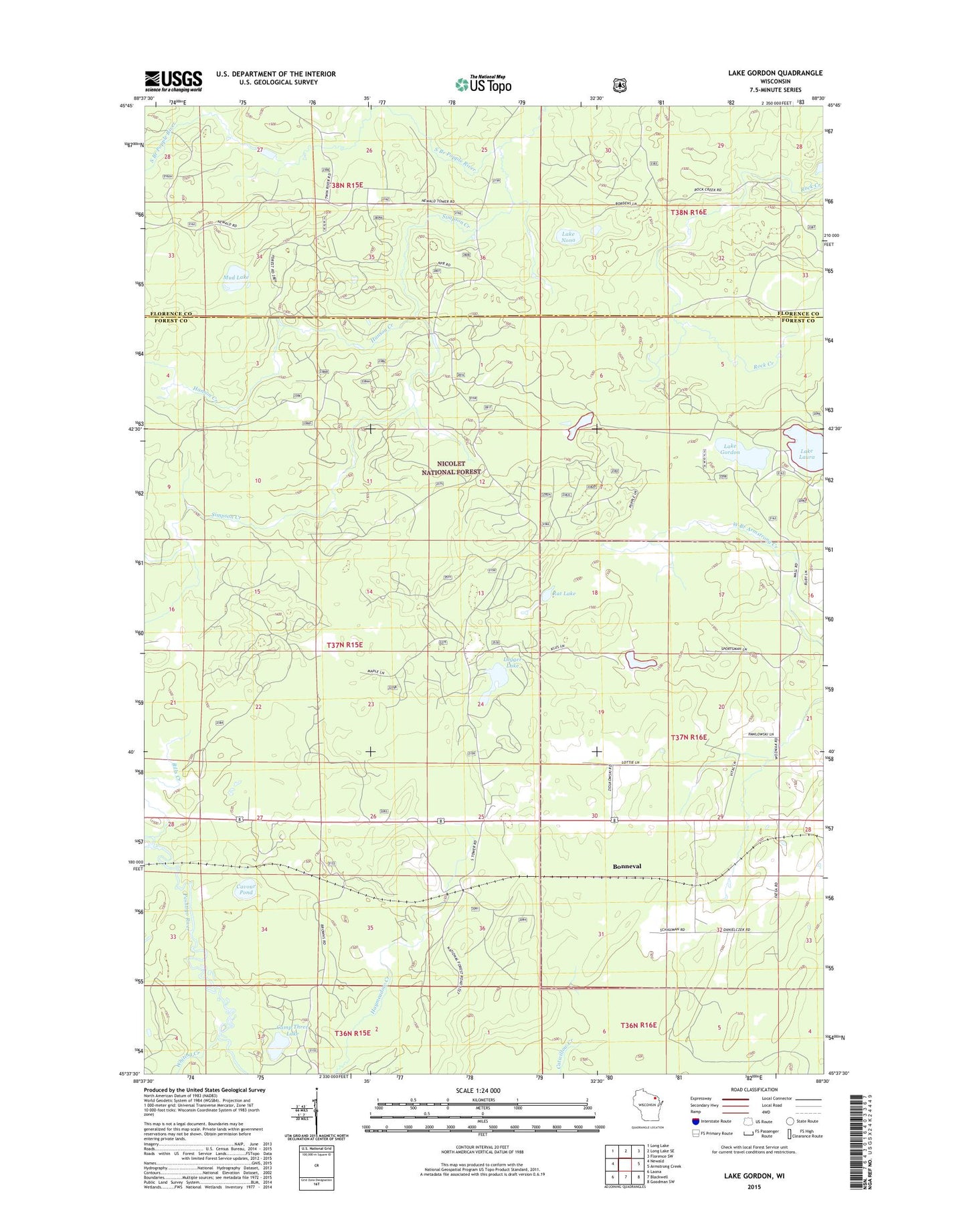 Lake Gordon Wisconsin US Topo Map Image