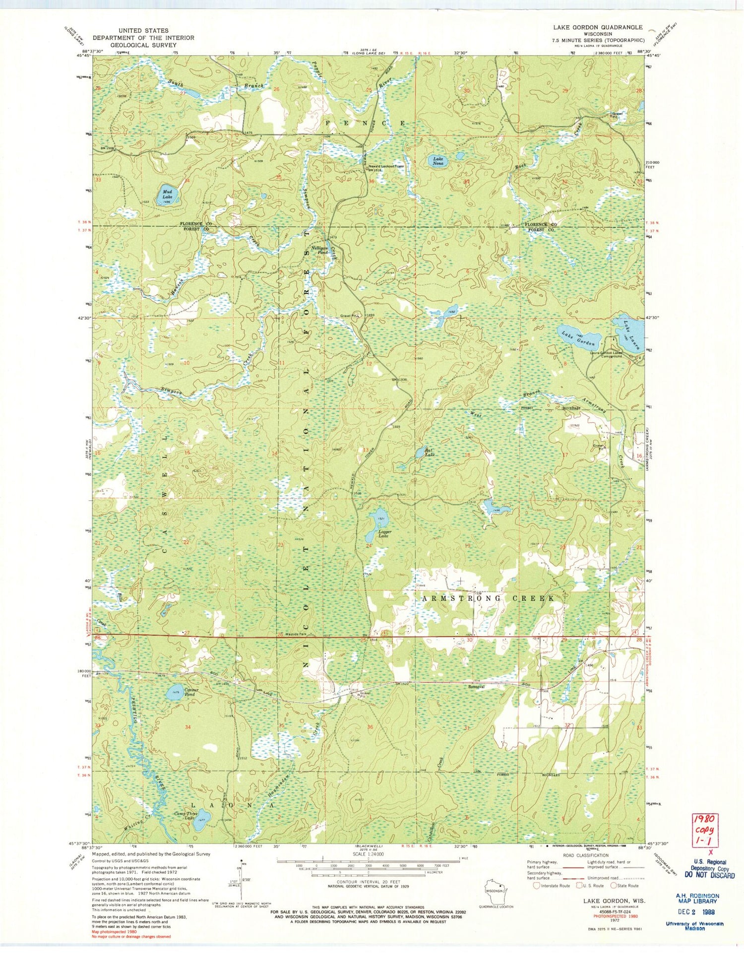 Classic USGS Lake Gordon Wisconsin 7.5'x7.5' Topo Map Image