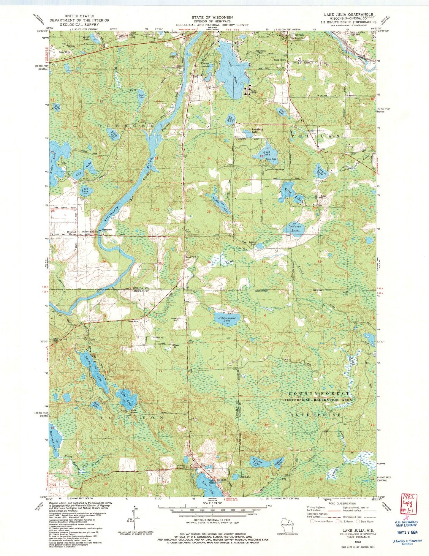 Classic USGS Lake Julia Wisconsin 7.5'x7.5' Topo Map Image