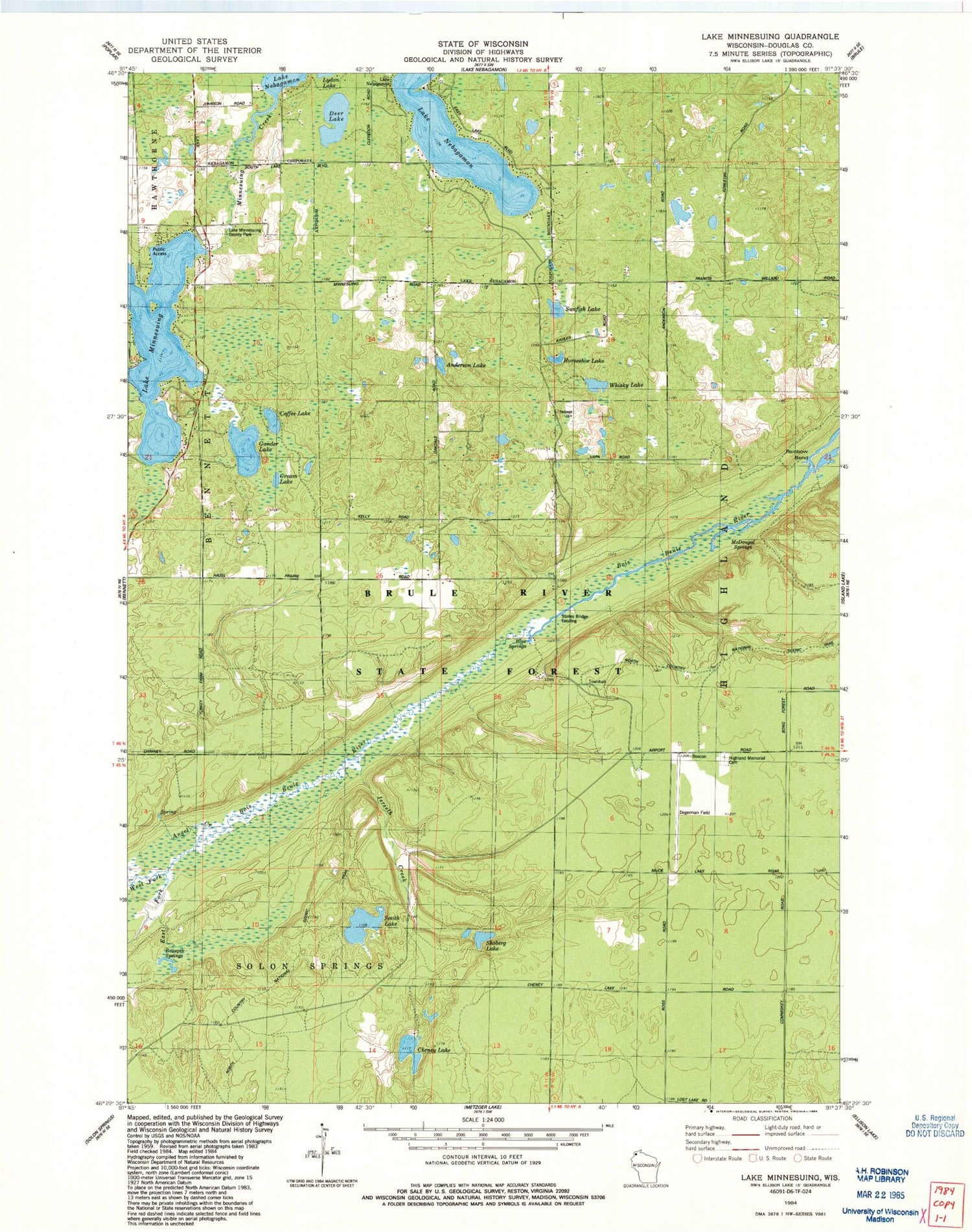 Classic USGS Lake Minnesuing Wisconsin 7.5'x7.5' Topo Map Image