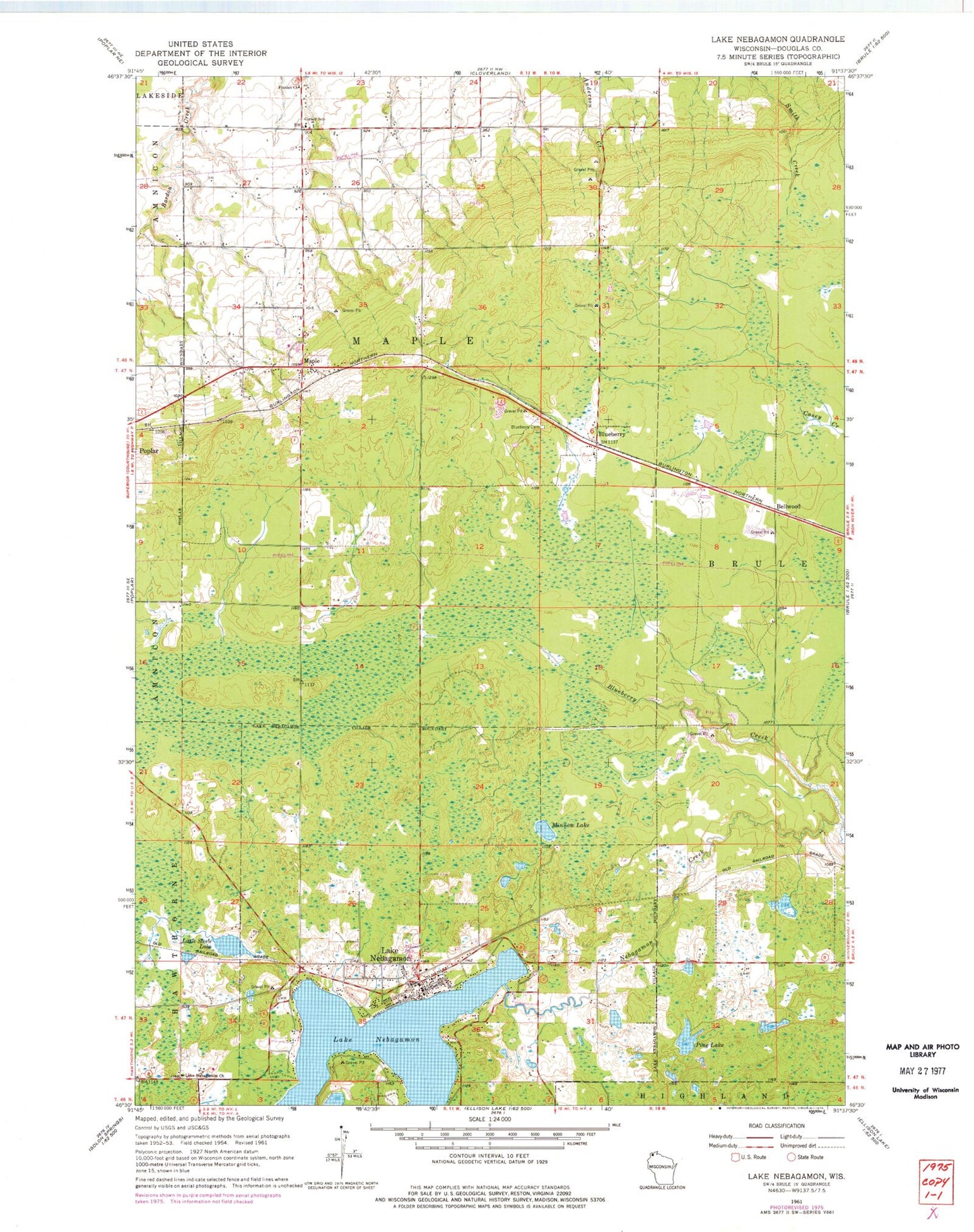 Classic USGS Lake Nebagamon Wisconsin 7.5'x7.5' Topo Map Image