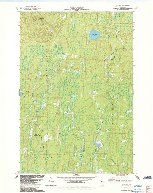 Classic USGS Lake Six Wisconsin 7.5'x7.5' Topo Map Image