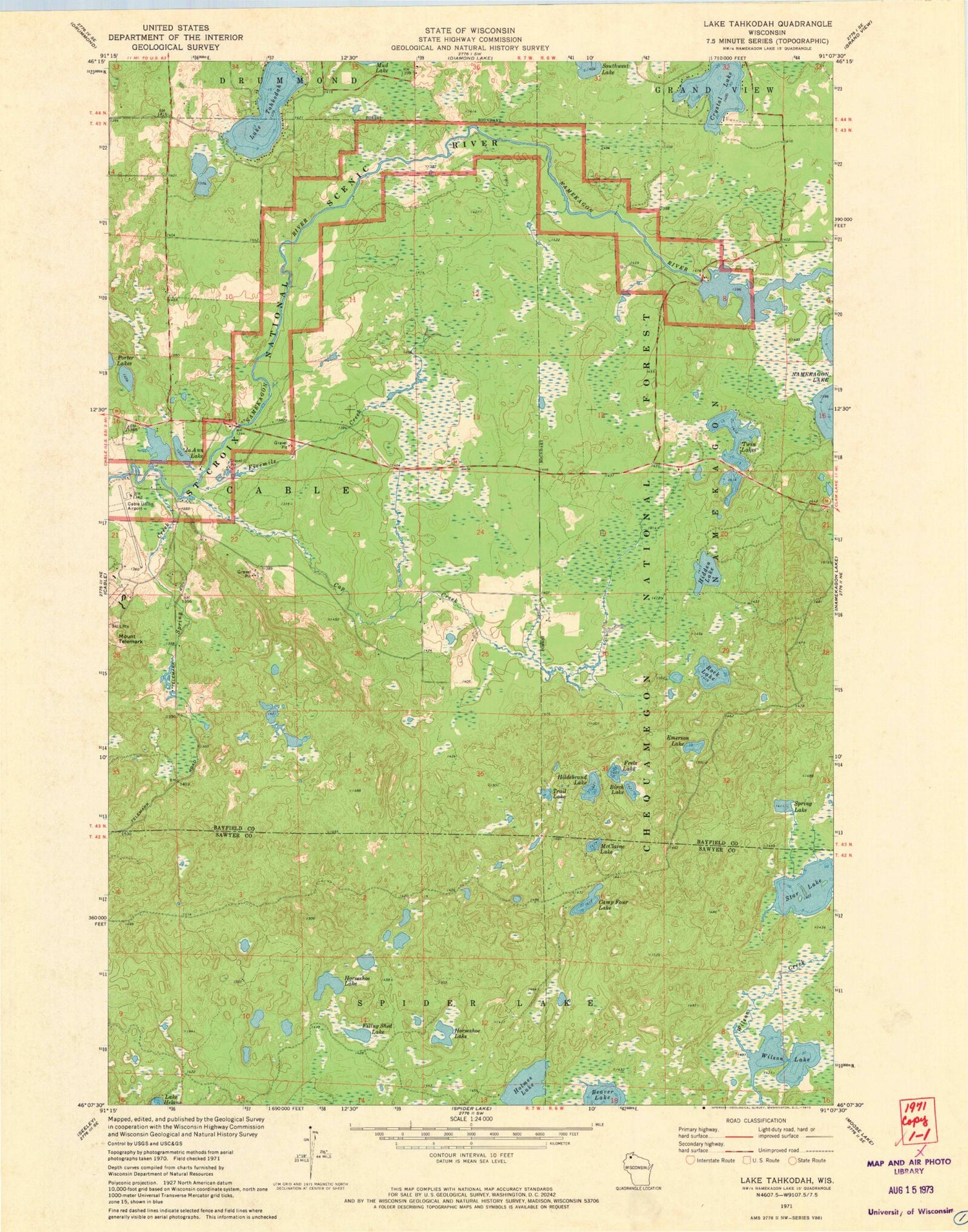 Classic USGS Lake Tahkodah Wisconsin 7.5'x7.5' Topo Map Image