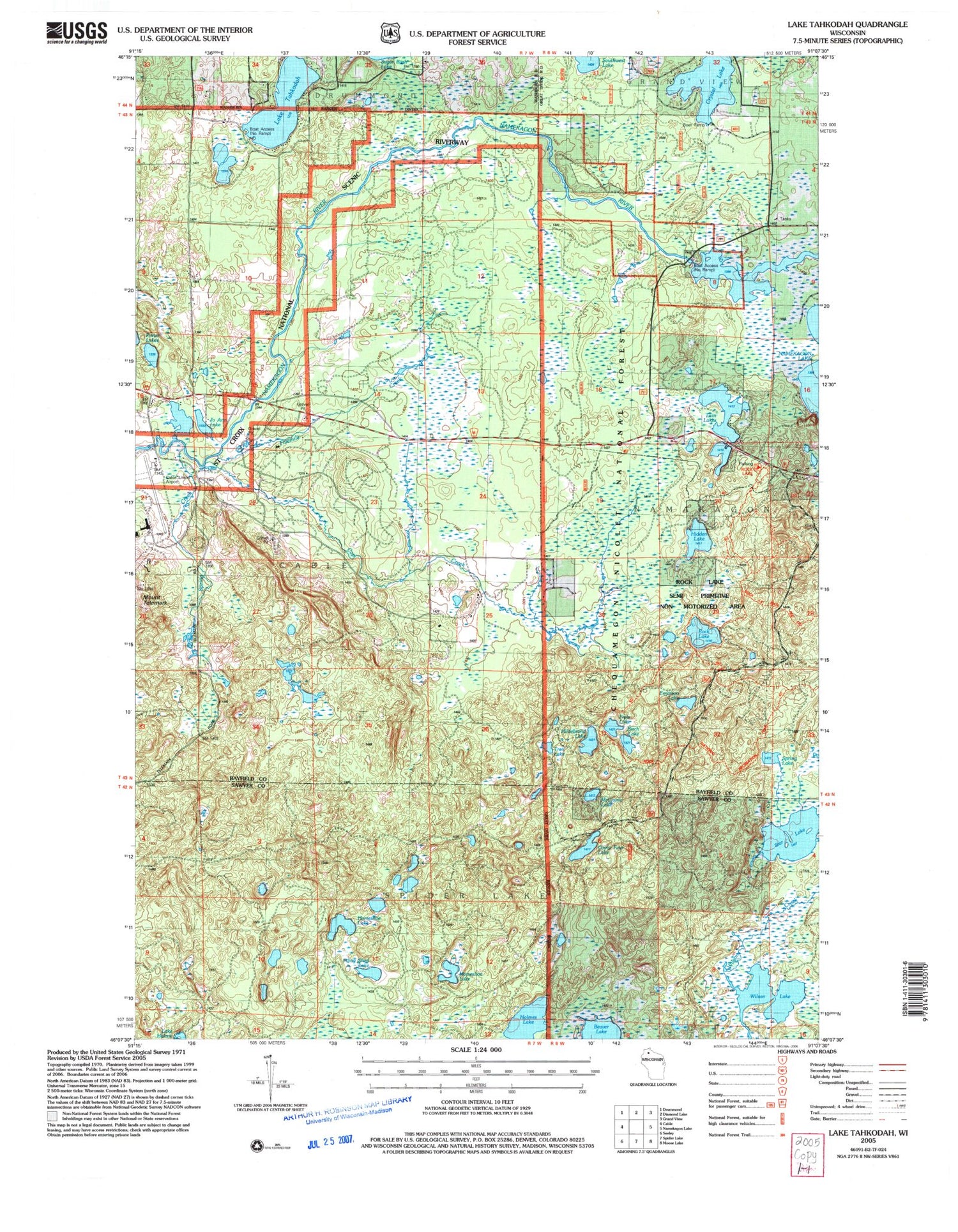Classic USGS Lake Tahkodah Wisconsin 7.5'x7.5' Topo Map Image