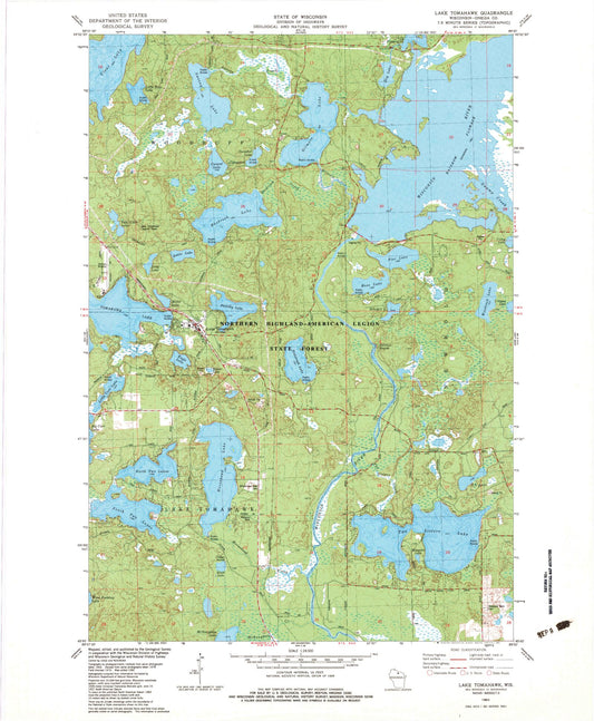 Classic USGS Lake Tomahawk Wisconsin 7.5'x7.5' Topo Map Image