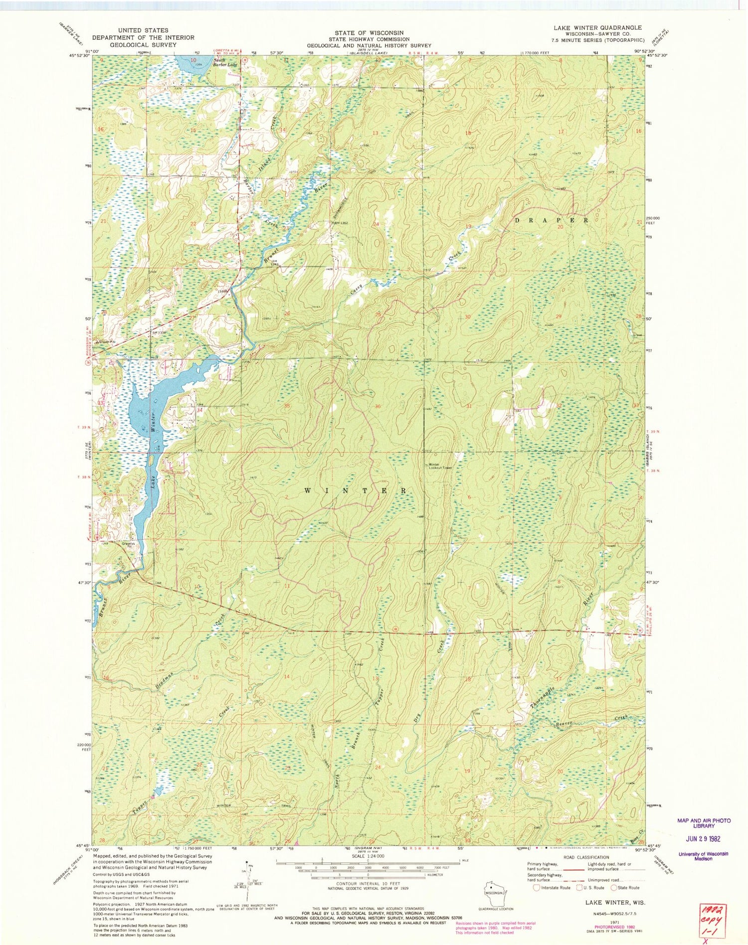 Classic USGS Lake Winter Wisconsin 7.5'x7.5' Topo Map Image