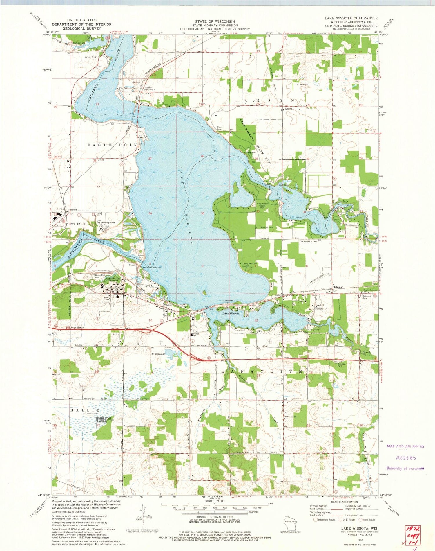 Classic USGS Lake Wissota Wisconsin 7.5'x7.5' Topo Map Image