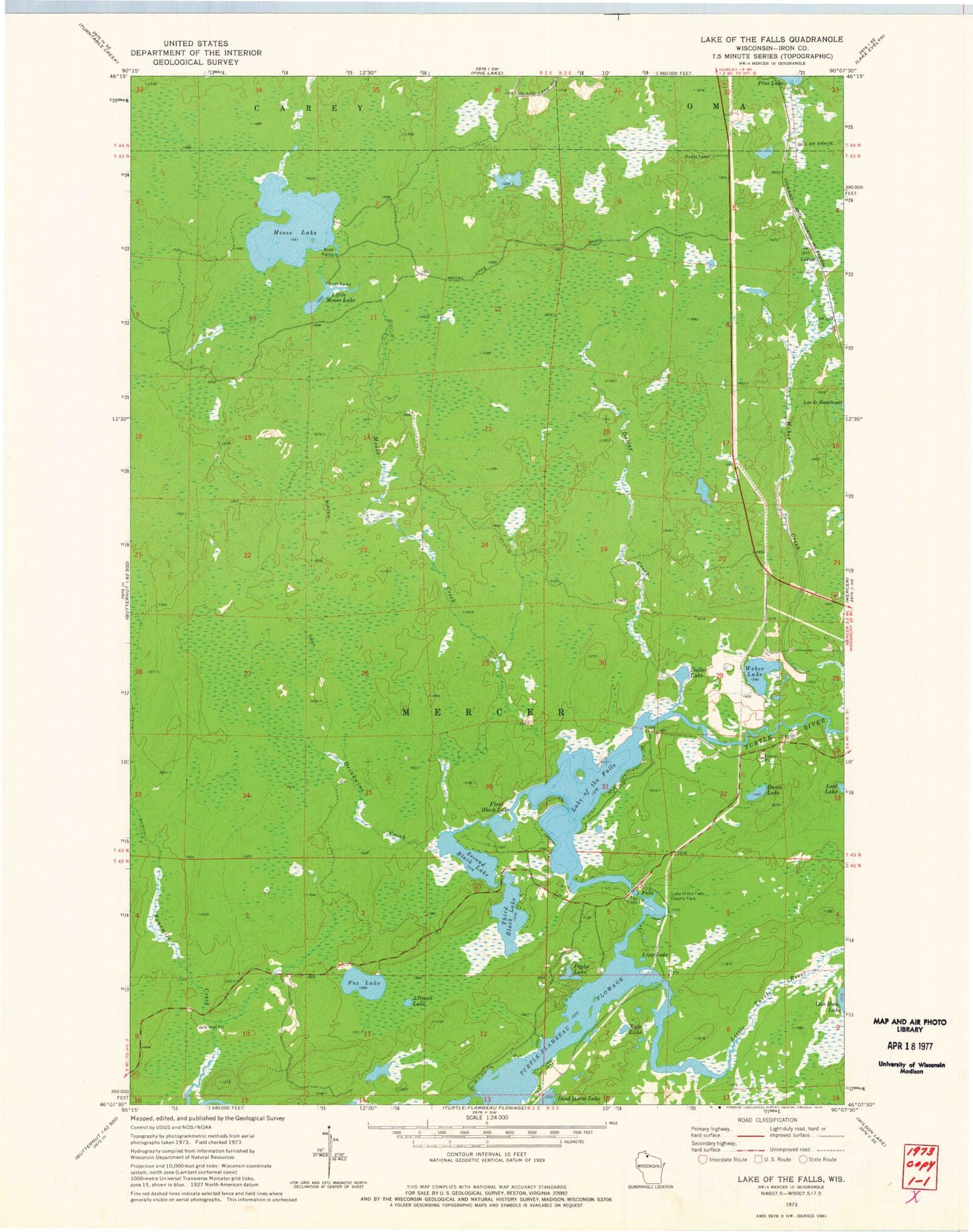 Classic USGS Lake of the Falls Wisconsin 7.5'x7.5' Topo Map Image