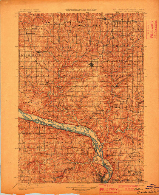 Historic 1900 Lancaster Wisconsin 30'x30' Topo Map Image