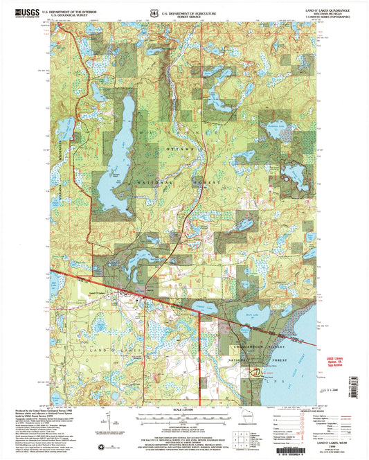 Classic USGS Land O' Lakes Wisconsin 7.5'x7.5' Topo Map Image