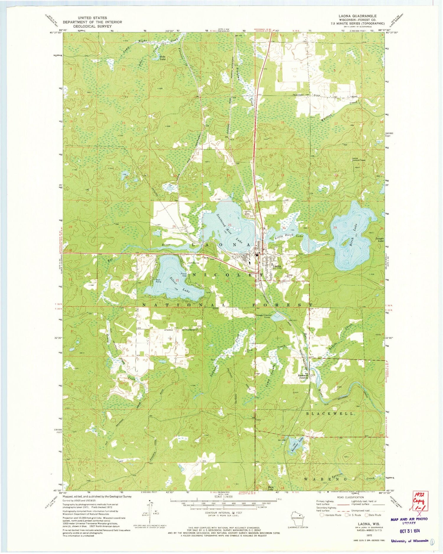 Classic USGS Laona Wisconsin 7.5'x7.5' Topo Map Image